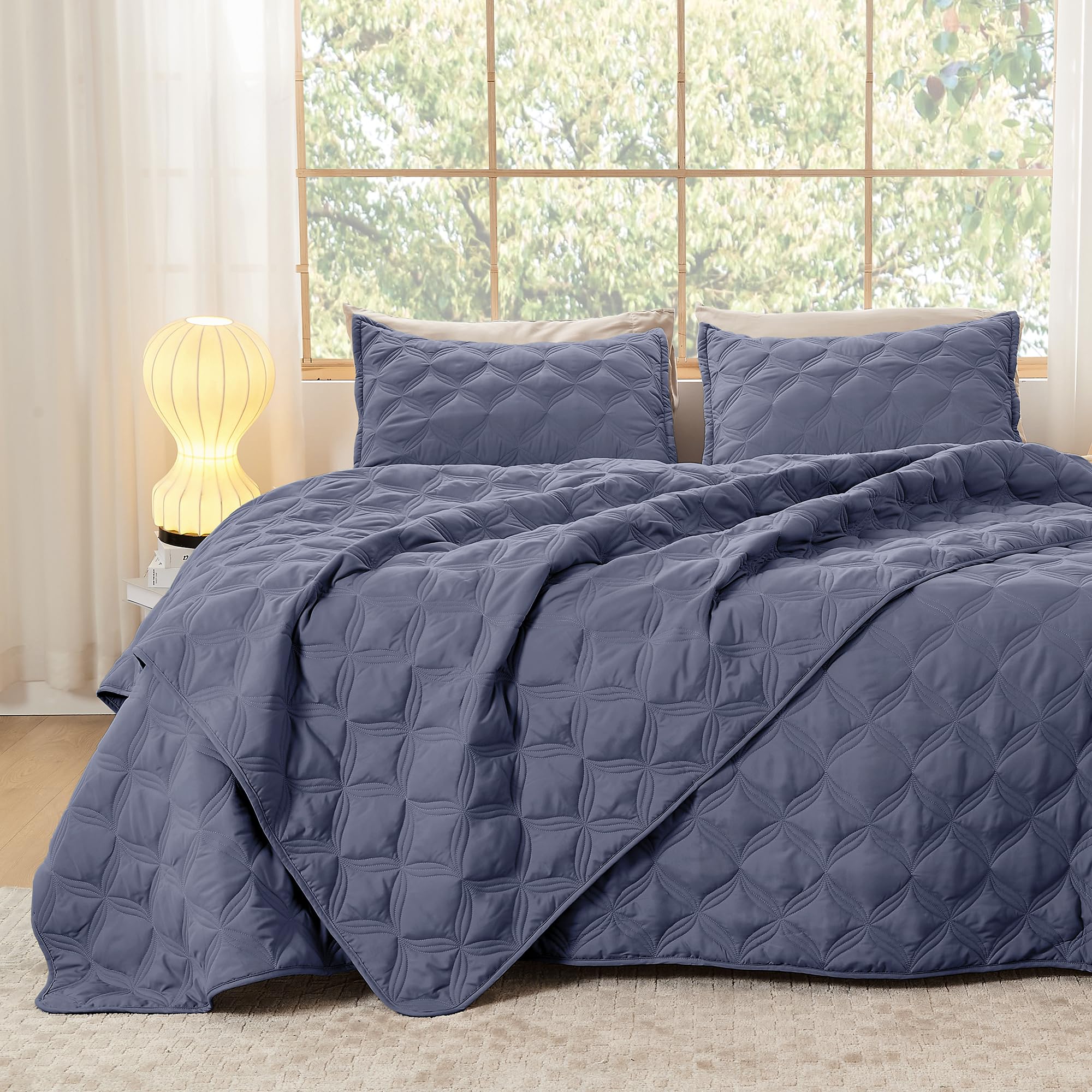 Litanika King Size Quilt Bedding Set, Dark Blue Grey Summer Lightweight Soft Comforter Bedspreads & Coverlets, Boho Farmhouse Be