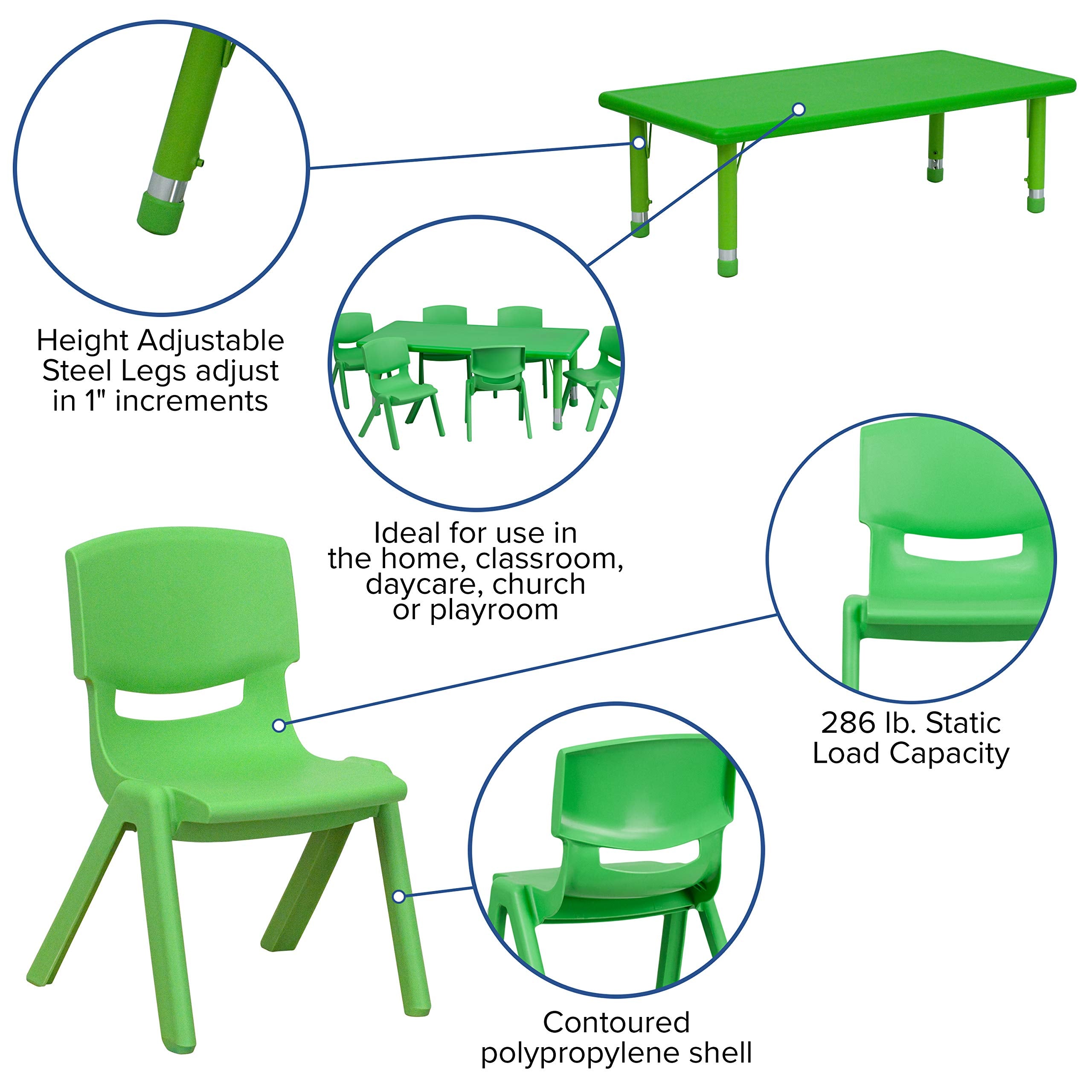 Flash Furniture Rectangular Activity Table Set, 24"W x 48"D x 14.50" - 23.75"H, Green