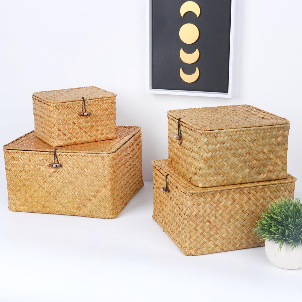Moosky Wicker Shelf Baskets With Lid, Handwoven Seagrass Storage Basket Bins Square Gift Boxes For Shelves Home Decor Organizer