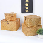 Moosky Wicker Shelf Baskets With Lid, Handwoven Seagrass Storage Basket Bins Square Gift Boxes For Shelves Home Decor Organizer