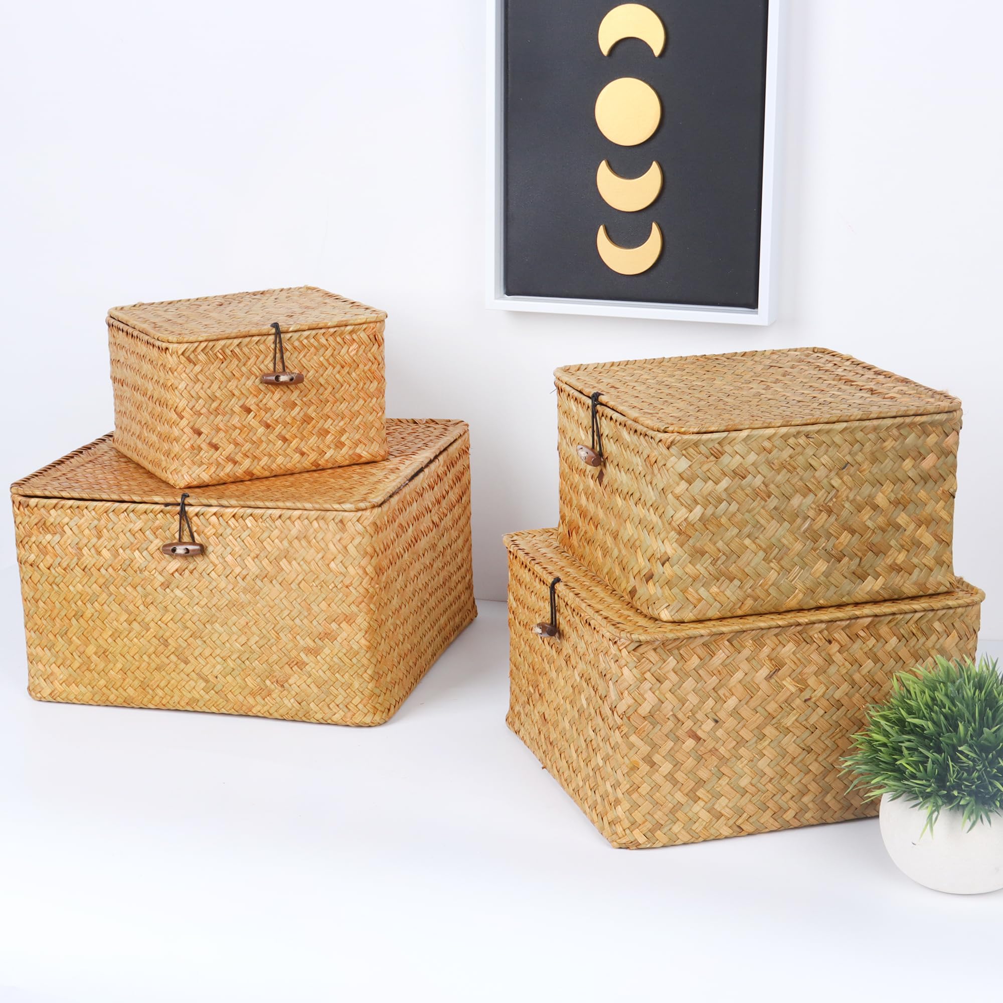 Moosky Wicker Shelf Baskets With Lid, Handwoven Seagrass Storage Basket Bins Square Gift Boxes For Shelves Home Decor Organizer