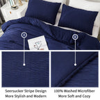 Avelom Navy Blue Seersucker California King Comforter Set (104X96 Inches), 3 Pieces-100% Soft Washed Microfiber Lightweight Comforter With 2 Pillowcases, All Season Down Alternative Bedding Set