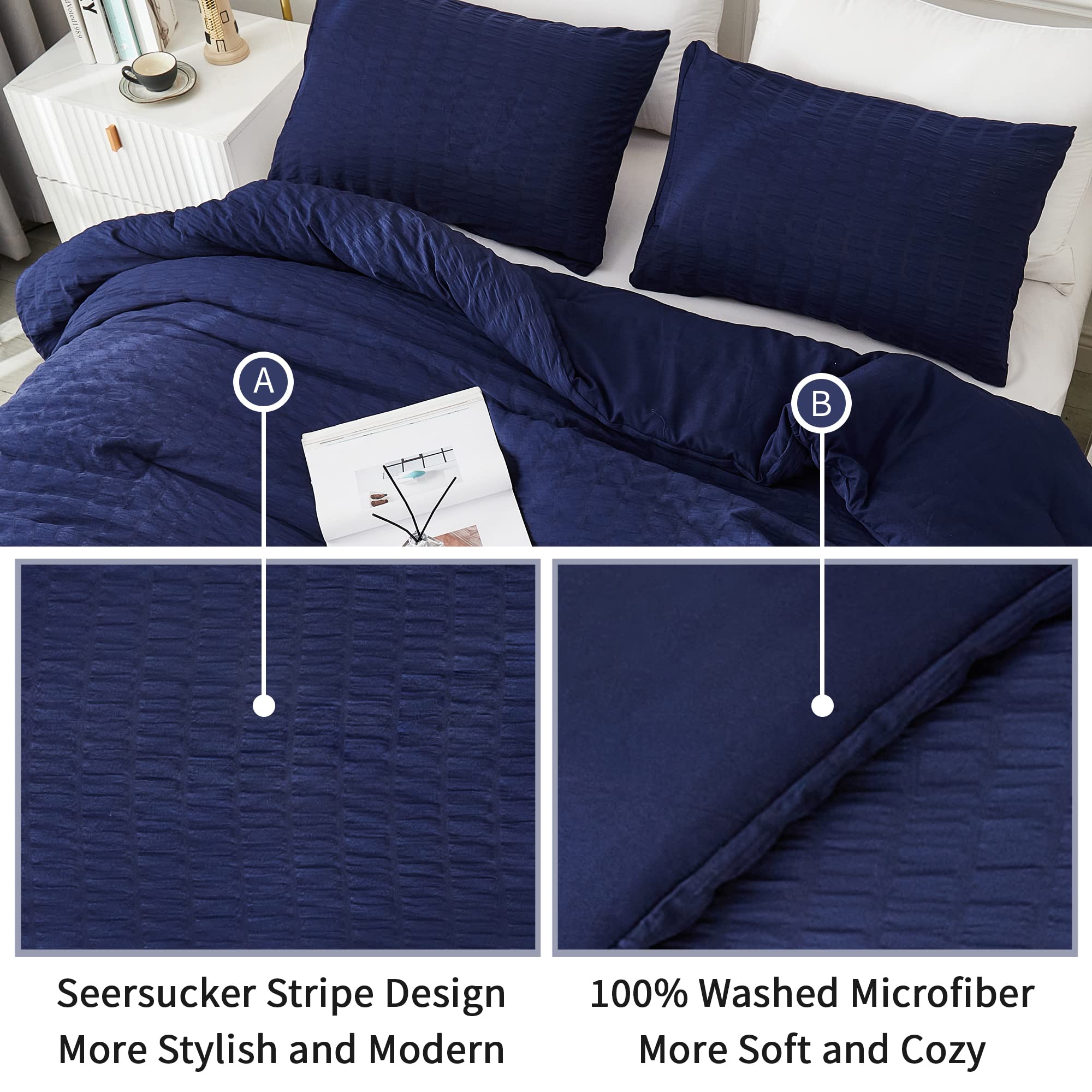 Avelom Navy Blue Seersucker California King Comforter Set (104X96 Inches), 3 Pieces-100% Soft Washed Microfiber Lightweight Comforter With 2 Pillowcases, All Season Down Alternative Bedding Set