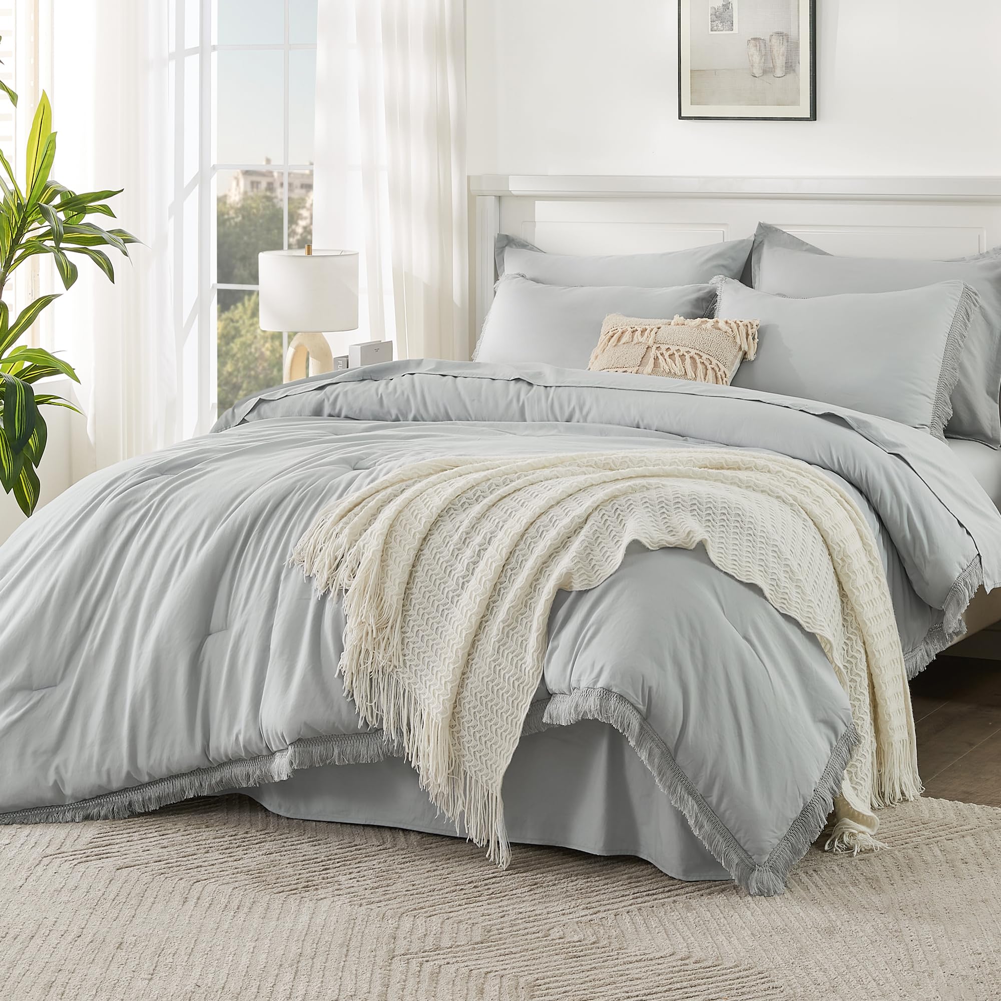 Andency Light Grey King Size Comforter Set With Sheets - 7 Pieces Boho Tassel Bed In A Bag Soft Lightweight Bedding Sets, Light Grey Fringe Bed Set With Comforter, Sheets, Pillowcases & Shams
