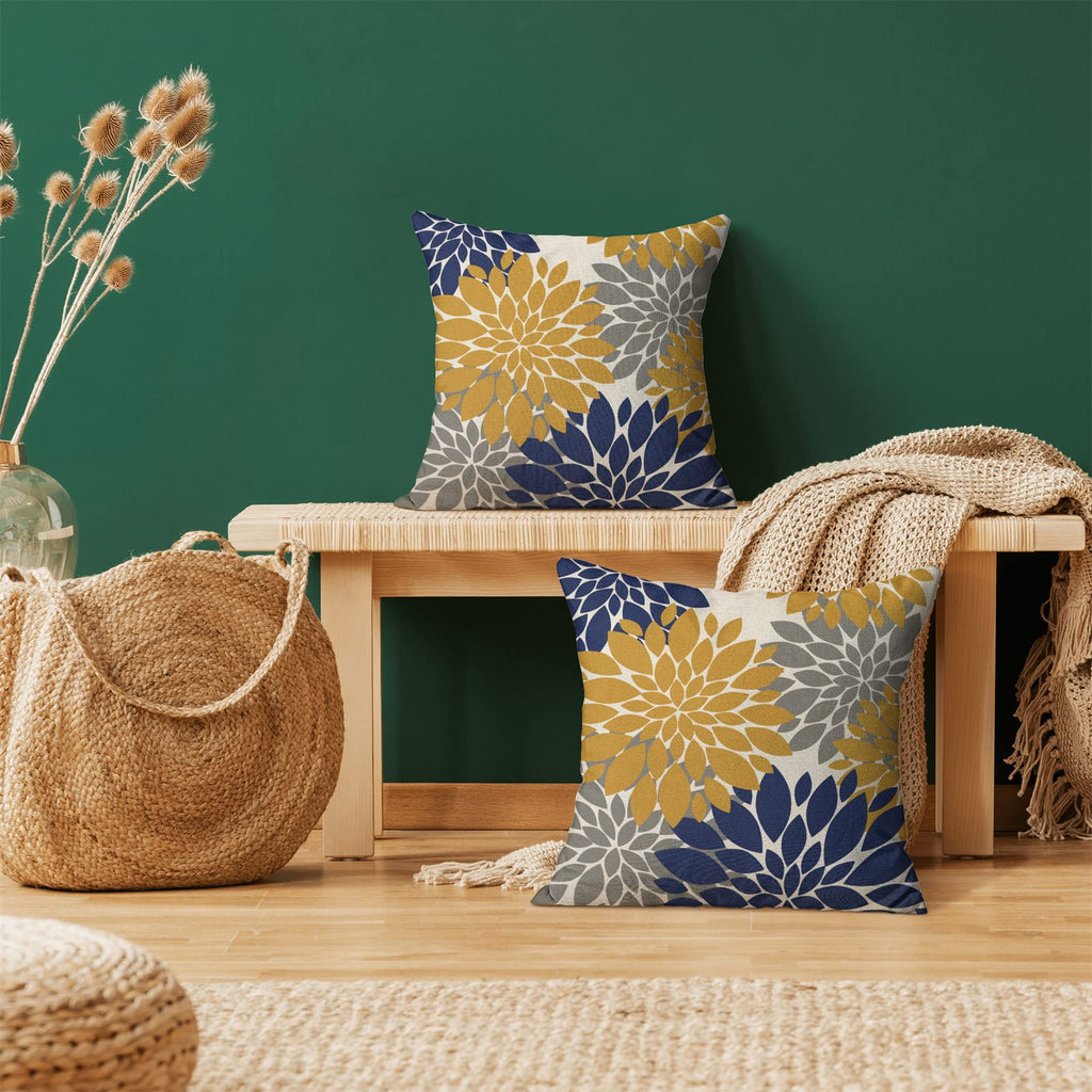 Cxmeifly Mustard Yellow Navy Blue Pillow Covers 18X18 Inch Set Of 2 Dahlia Floral Decor Throw Pillows Summer Modern Geometry Flo
