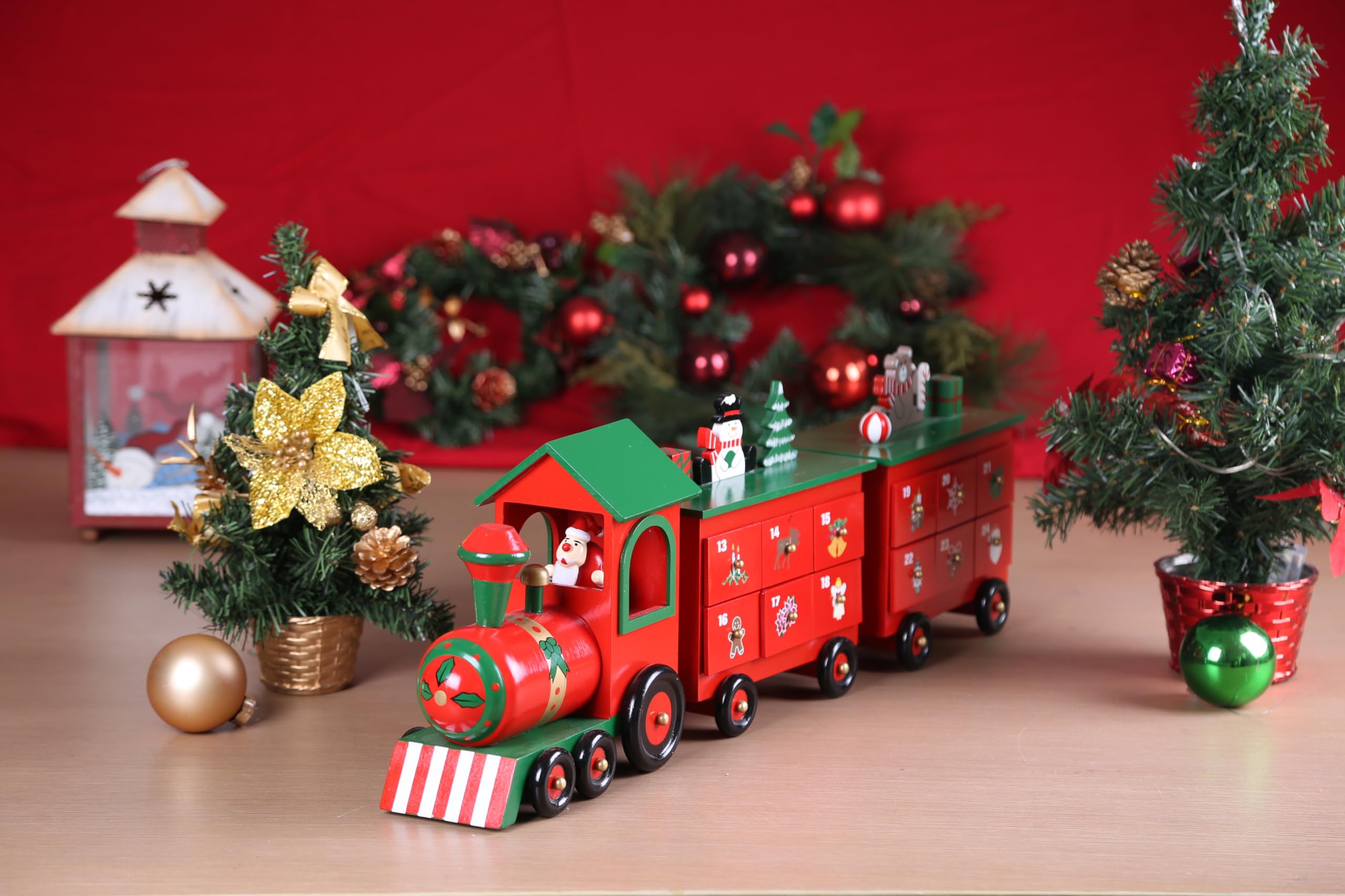 Pioneer-Effort Christmas Wooden Advent Calendar Train With 24 Drawers For Adults Kids Christmas Countdown Decoration (Red&Black&