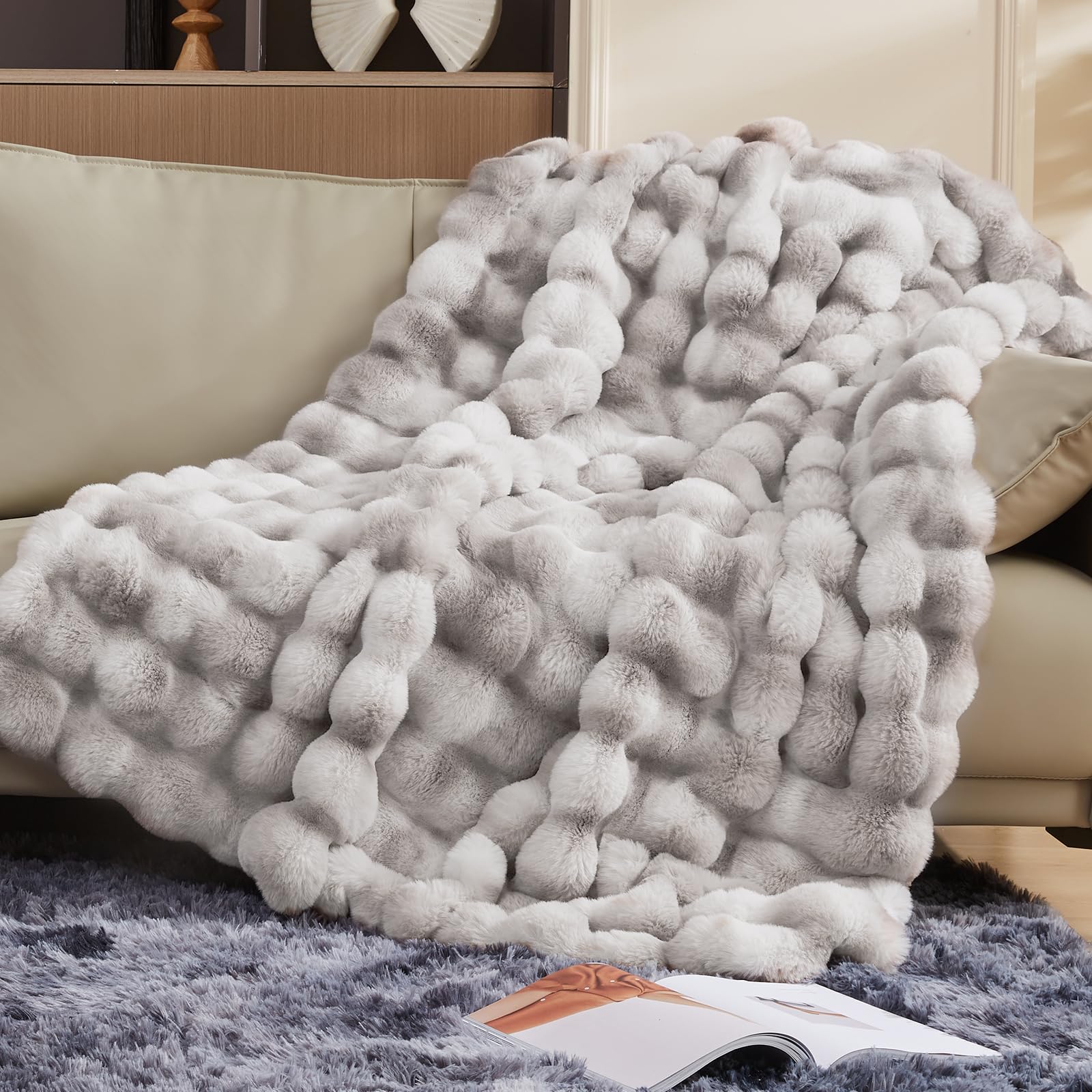 Touchat Luxury 1000Gsm Faux Rabbit Fur Throw Blanket, Super Heavy Warm Cozy Grey Blankets For Couch Bed Sofa, Ruched Plush Fuzzy