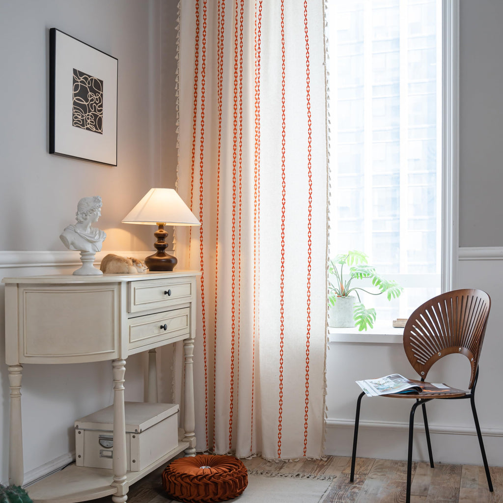Sutuo Home Boho Curtains 84 Inches For Bedroom Living Room, Semi Blackout Embroidery Window Bohemian Tassels Drape For Fall Hall