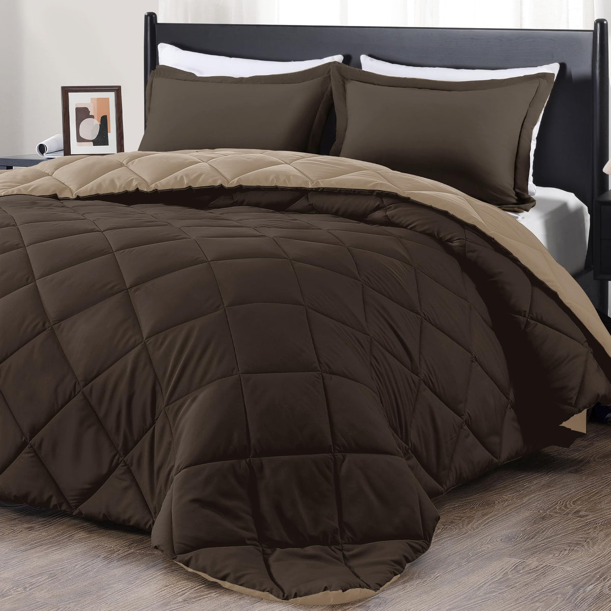 Downluxe Queen Comforter Set - Brown And Tan Queen Comforter, Soft Bedding Sets For All Seasons -3 Pieces - 1 Comforter (88'X92