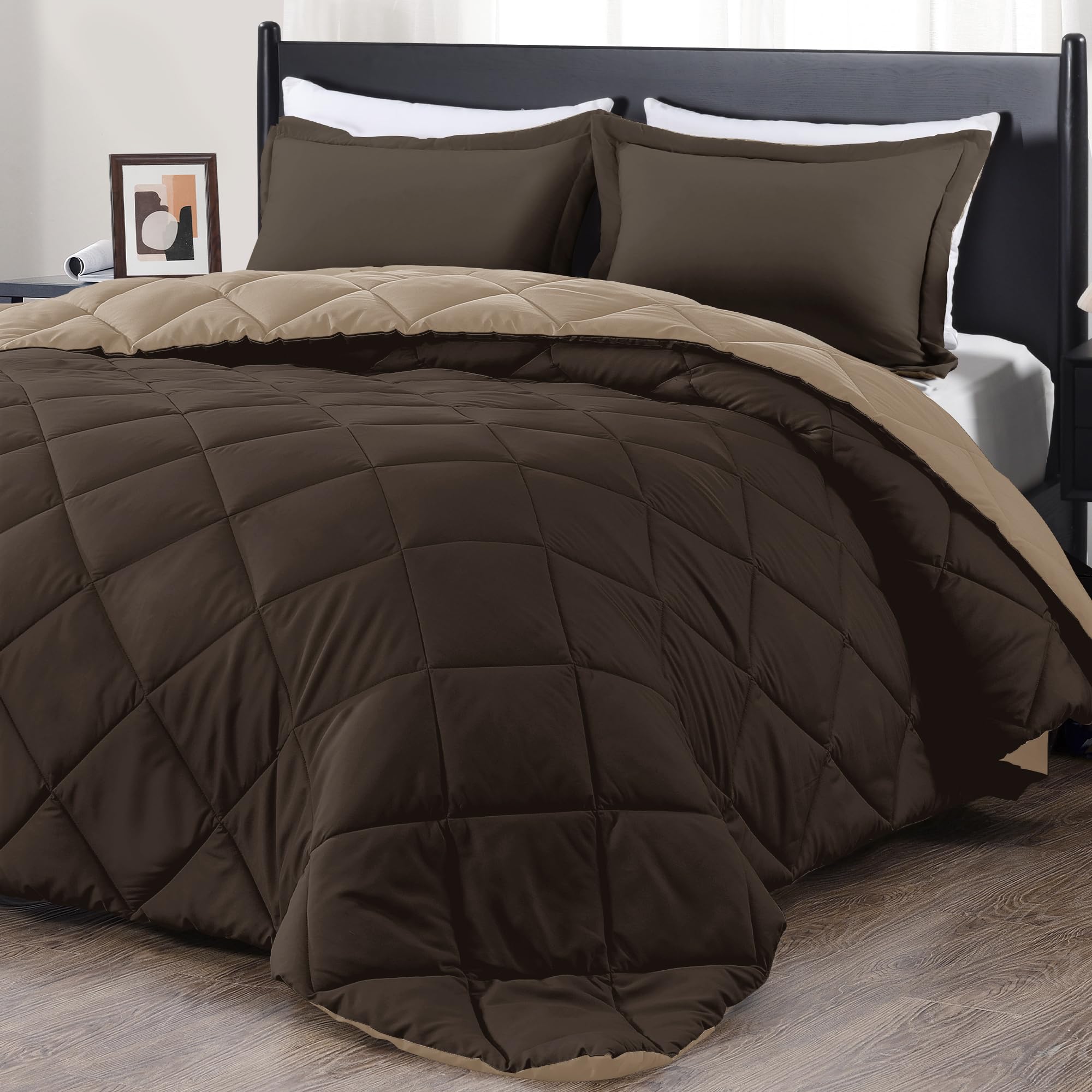 Downluxe California King Comforter Set - Brown And Tan Cal King Comforter Set, Soft Bedding Sets For All Seasons - 3 Pieces - 1