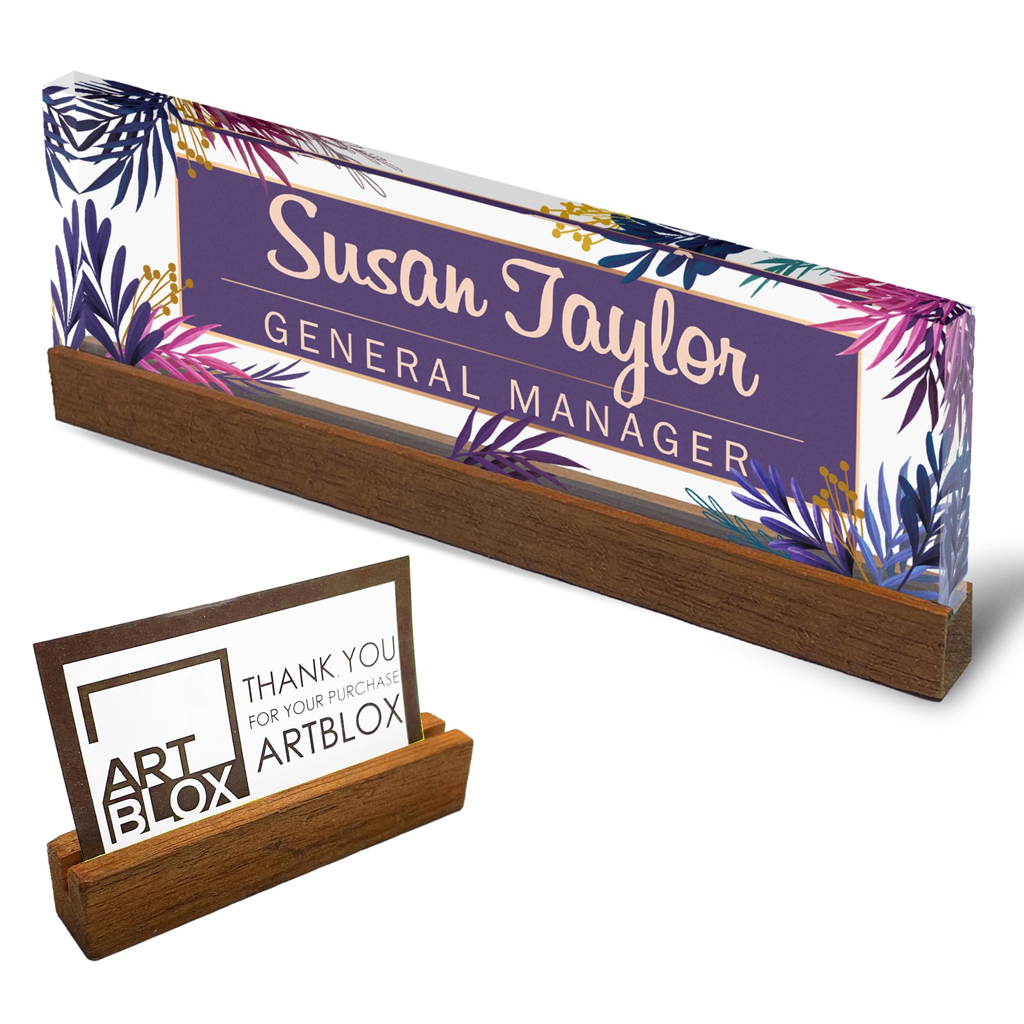 Artblox Personalized Office Desk Name Plate And Business Card Holder | Clear Acrylic Glass With Teak Wood Stand | Purple Leaf De