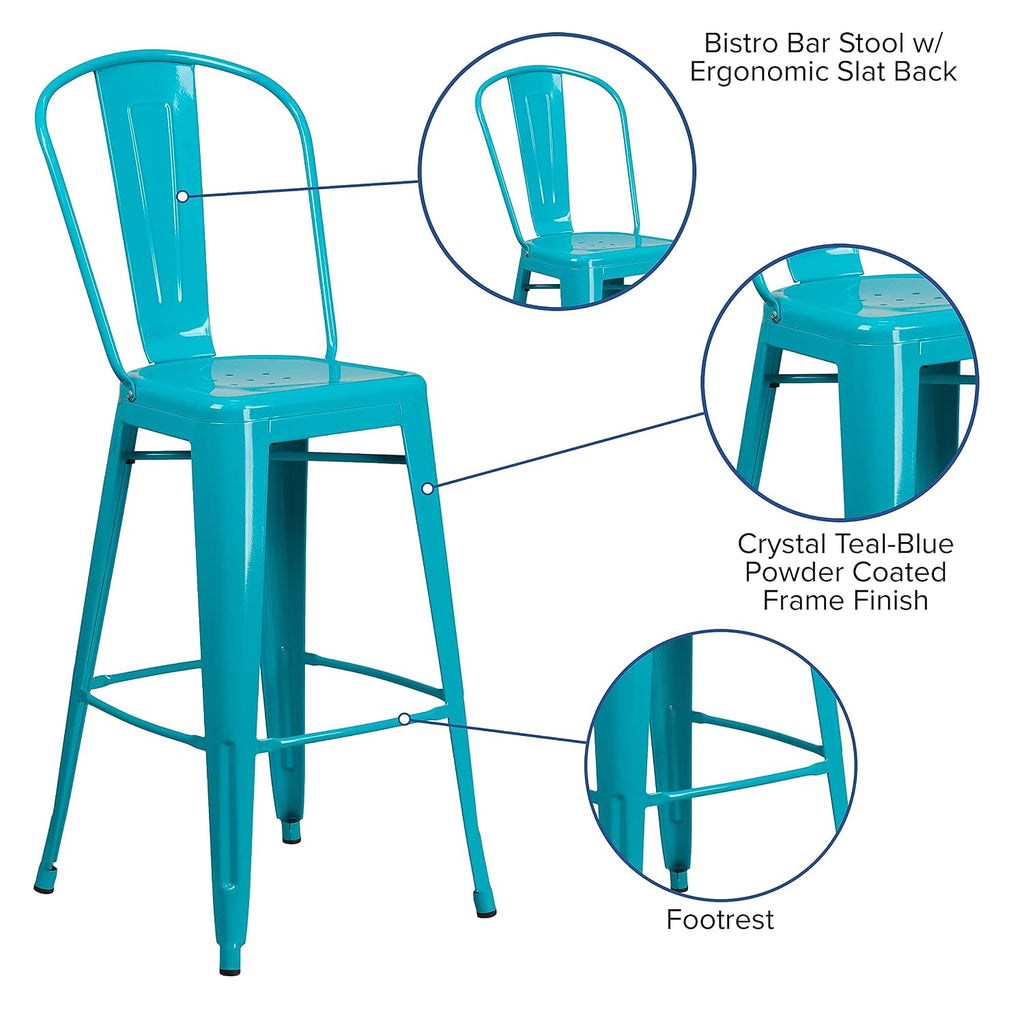 Commercial Grade 30 High Distressed Kelly Blue-Teal Metal Indoor-Outdoor Barstool with Back