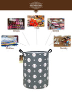 Hunrung Laundry Hamper,Large Canvas Fabric Lightweight Storage Basket Toy Organizer Dirty Clothes Collapsible Waterproof For College Dorms, Children Bedroom,Bathroom(Round-Grey Baseball)