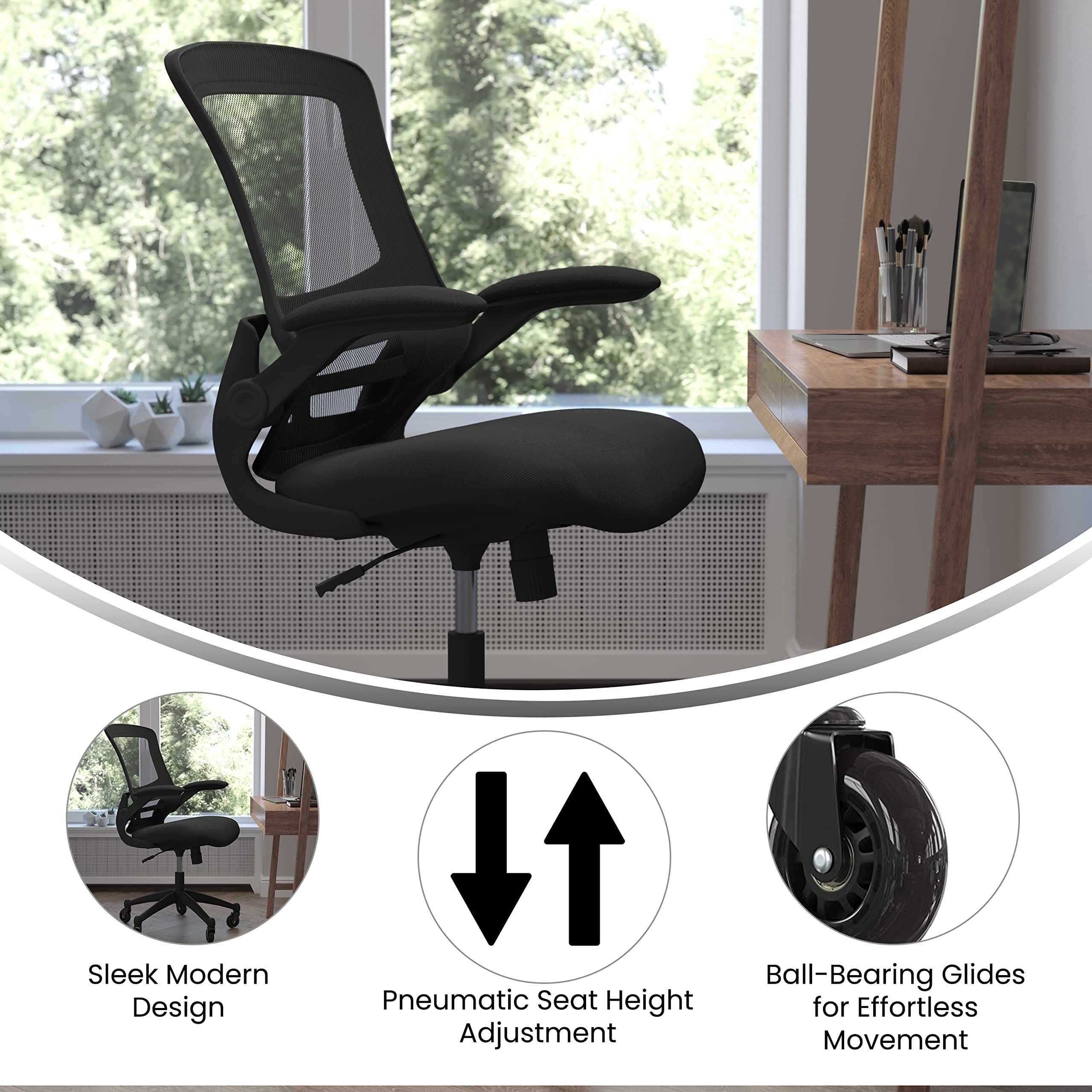 Flash Furniture Kelista Mid-Back Black Mesh Swivel Ergonomic Task Office Chair With Flip-Up Arms And Transparent Roller Wheels