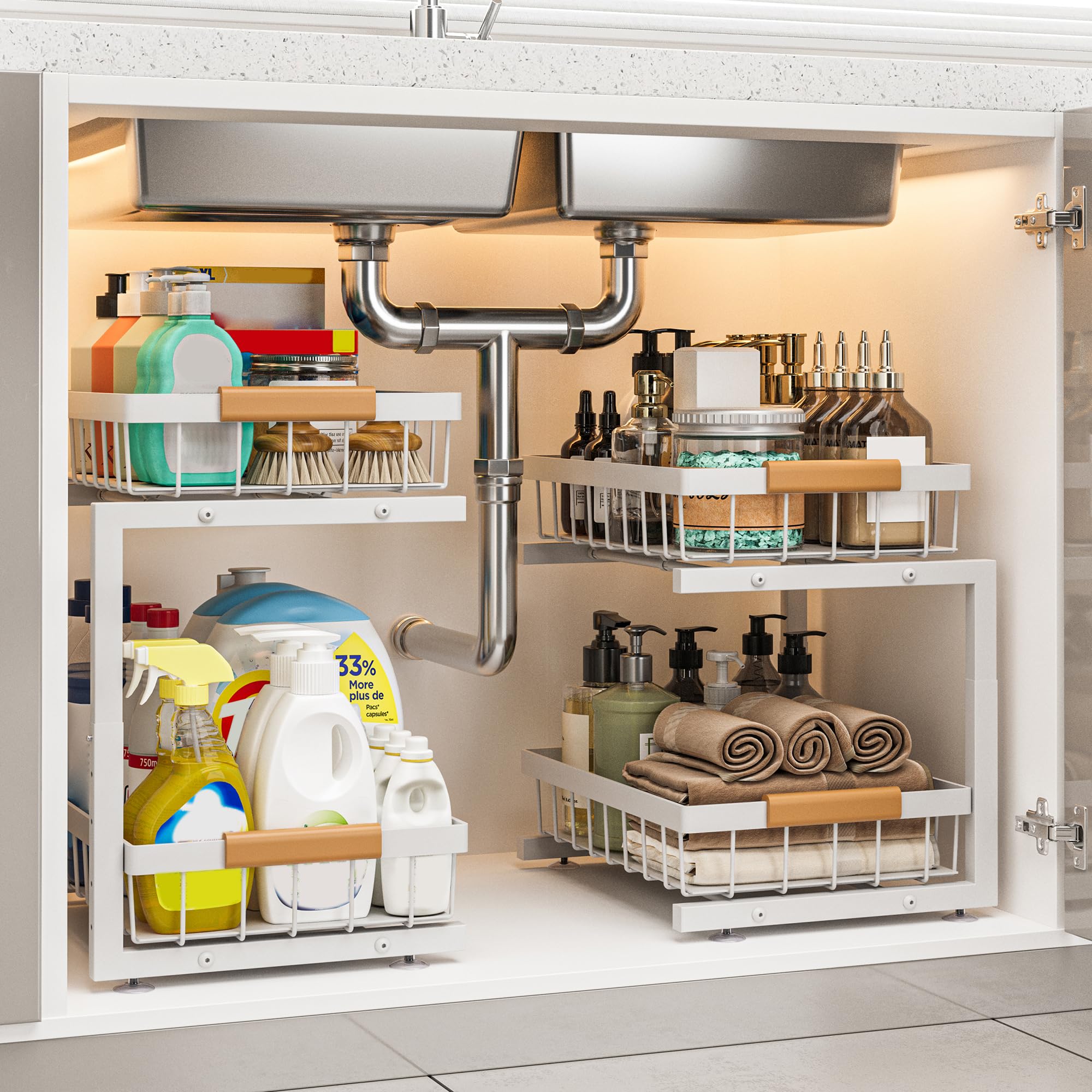Ilvvan Under Sink Organizer, 2 Pack 2 Tier Expandable Height UnderSink Bathroom Kitchen Organizers And Storage