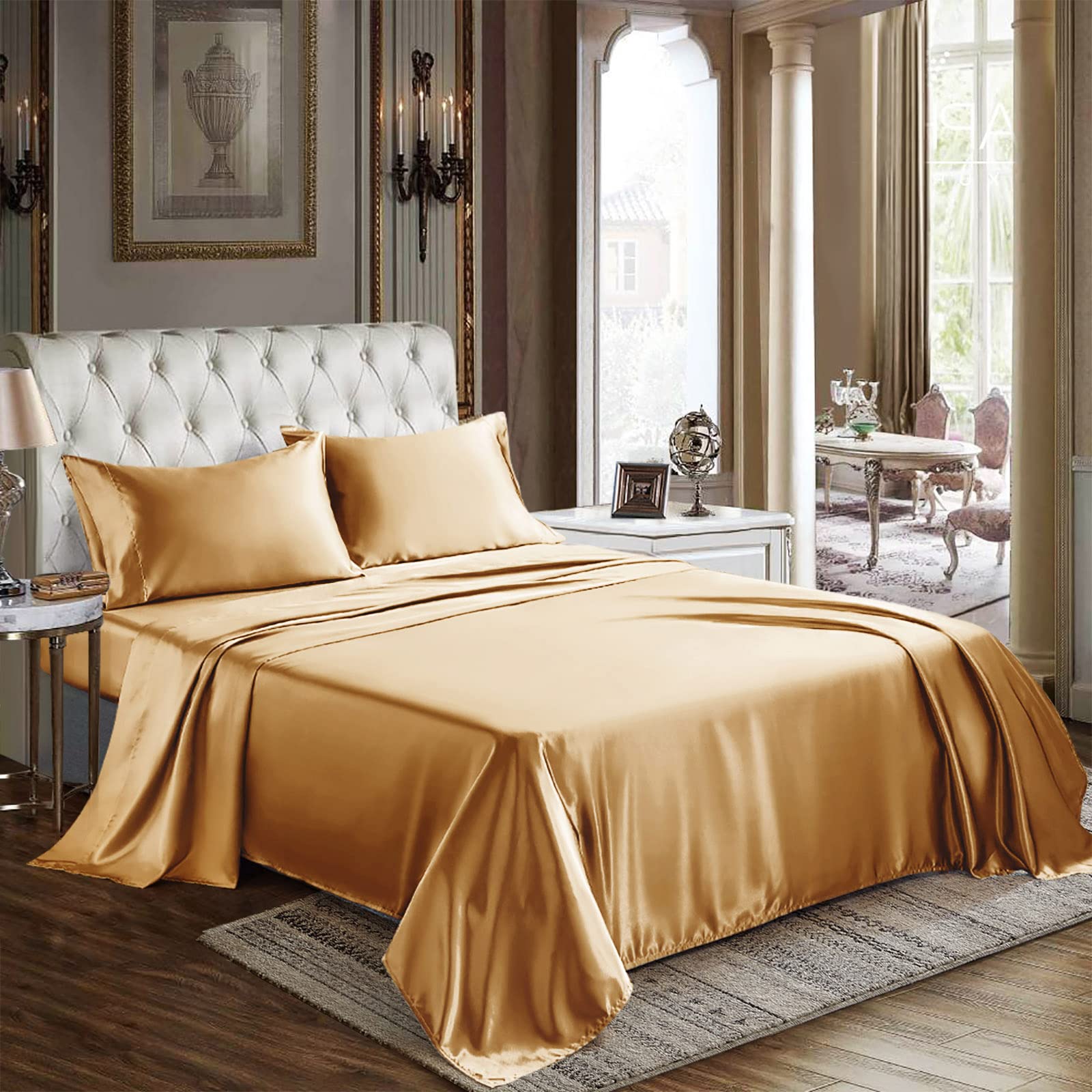 Cozylux Satin Sheets King Size - 4 Piece Gold Bed Sheet Set With Silky Microfiber, 1 Deep Pocket Fitted Sheet, 1 Flat Sheet, And