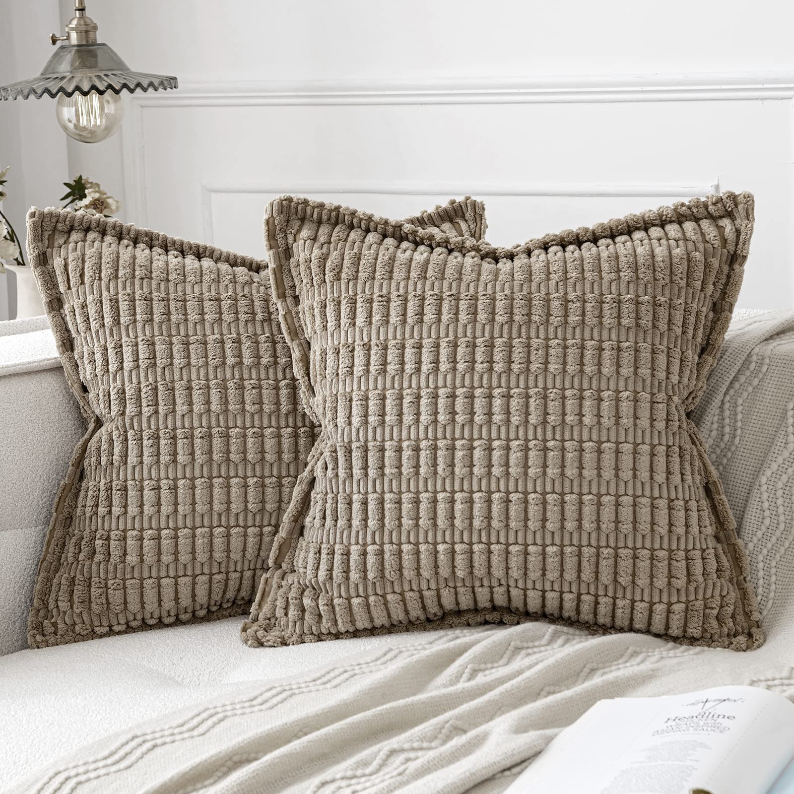 Miulee Light Brown Corduroy Decorative Throw Pillow Covers Pack Of 2 Soft Striped Pillows Pillowcases With Broad Edge Winter Modern Boho Home Decor For Couch Sofa Bed 18X18 Inch