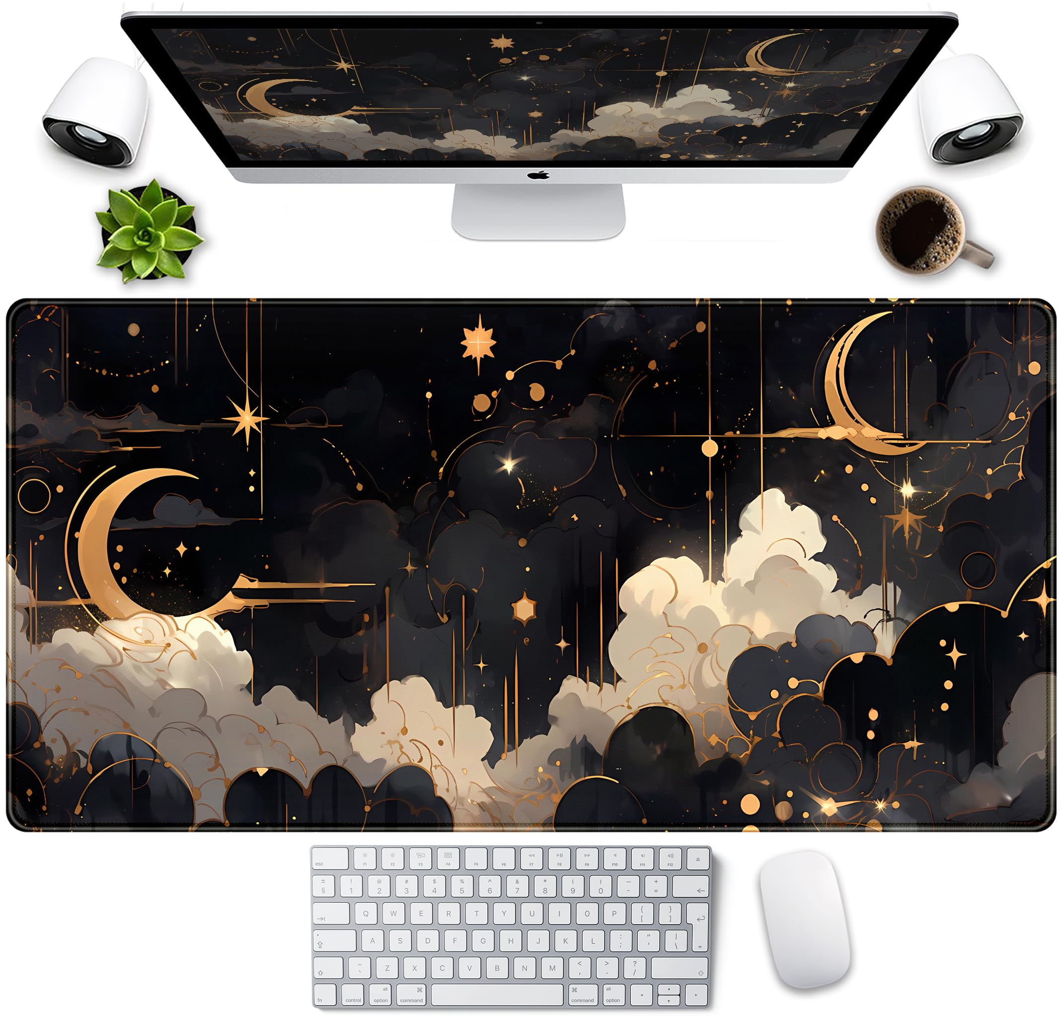 Black And Gold Celestial Desk Mat Xxl Extended Gaming Mouse Pad Large Mousepad With Stitched Edges, Laptop Computer Keyboard Mou