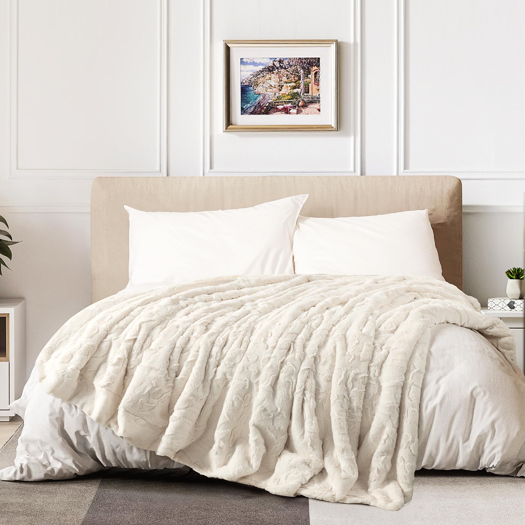 Toonow Faux Fur Large Twin Size Blanket,Double Side Soft Fluffy Shaggy Fuzzy Blanket For Bed Sofa Couch(Cream White, 71X90 Inch)