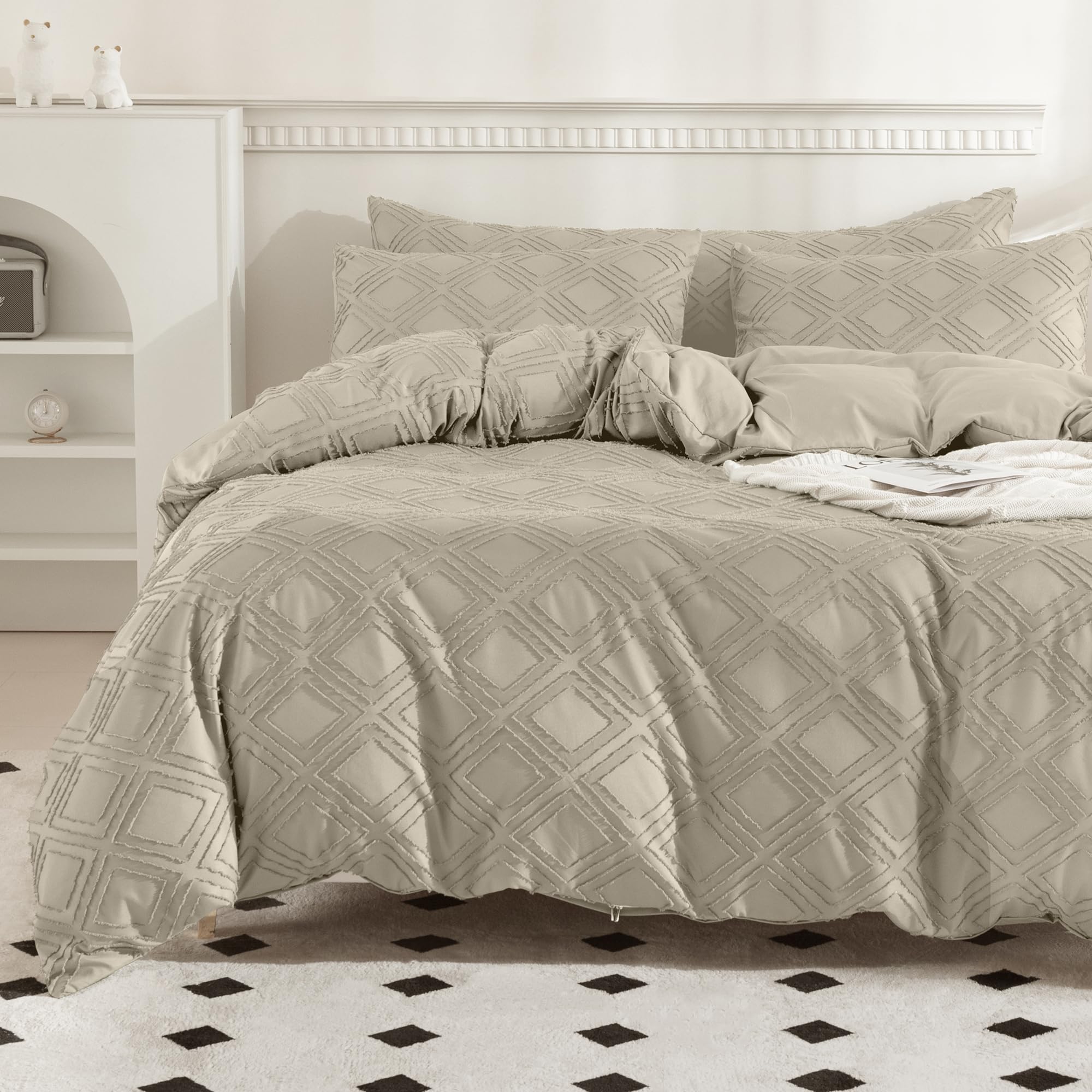 Jellymoni Khaki Duvet Cover Full Size - 3 Pcs Microfiber Tufted Duvet Cover Set, Boho Textured Duvet Cover Jacquard Rhombus Geom
