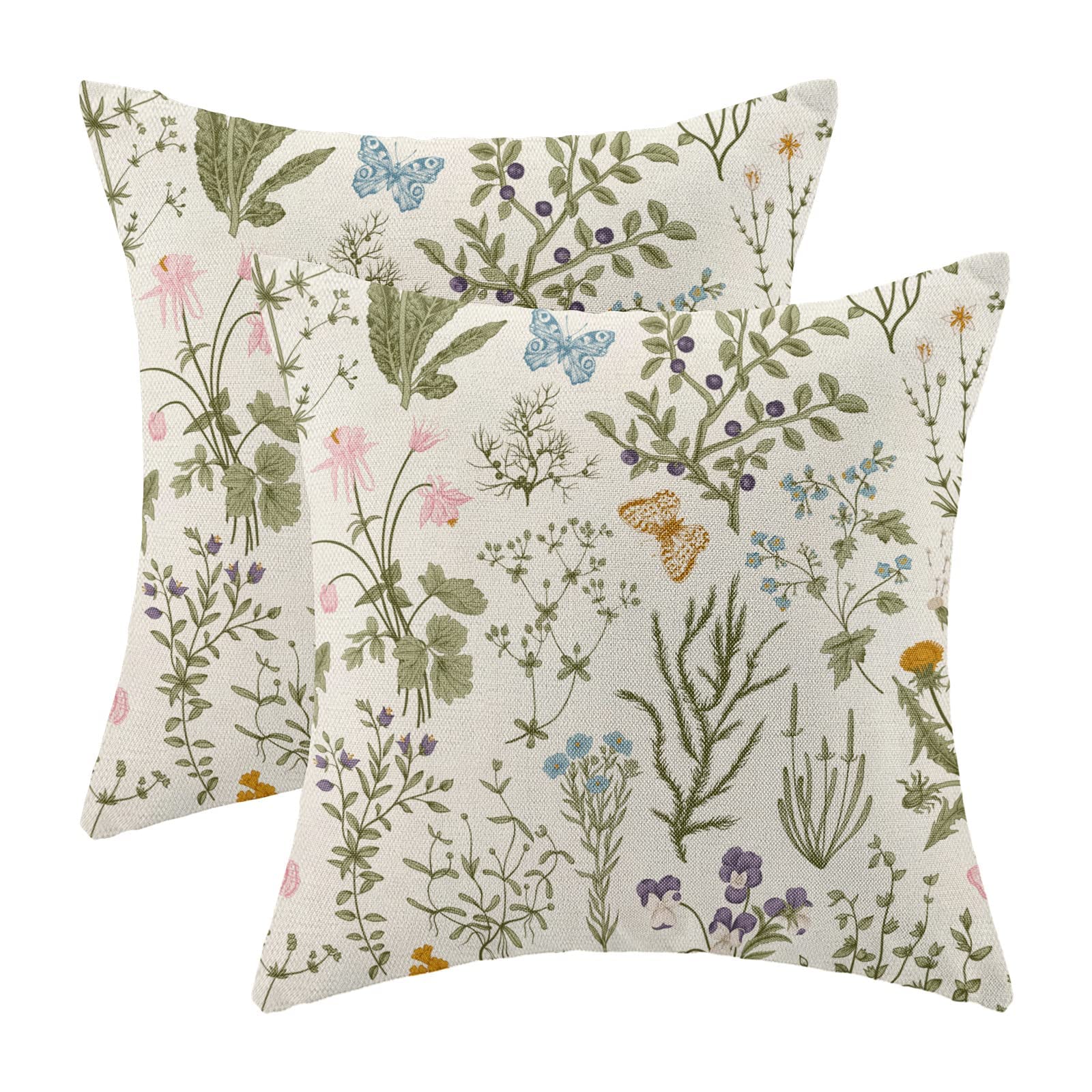 Aeioae Spring Pillow Covers 20X20 Inch Set Of 2,Sage Green Wild Flower Plant Throw Pillows Case,Seasonal Floral Outdoor Decorati