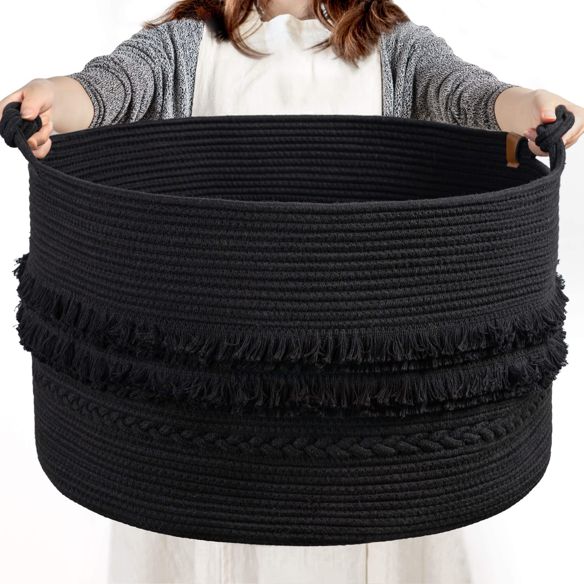 CherryNow Extra Large Black Laundry Basket, Rope Storage Basket for Bathroom, Bedroom, Living room, Entryway, Big Blanket Basket