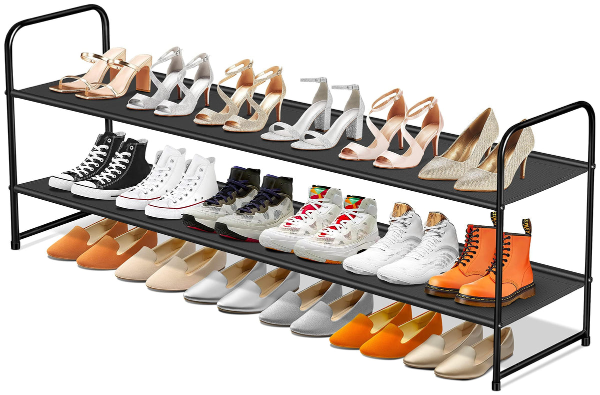 Sleeping Lamb Long 2-Tier Shoe Organizer For Closet, Stackable Wide Shoe Rack Holds 18-Pairs Low Shoe Shelf Storage For Bedroom,