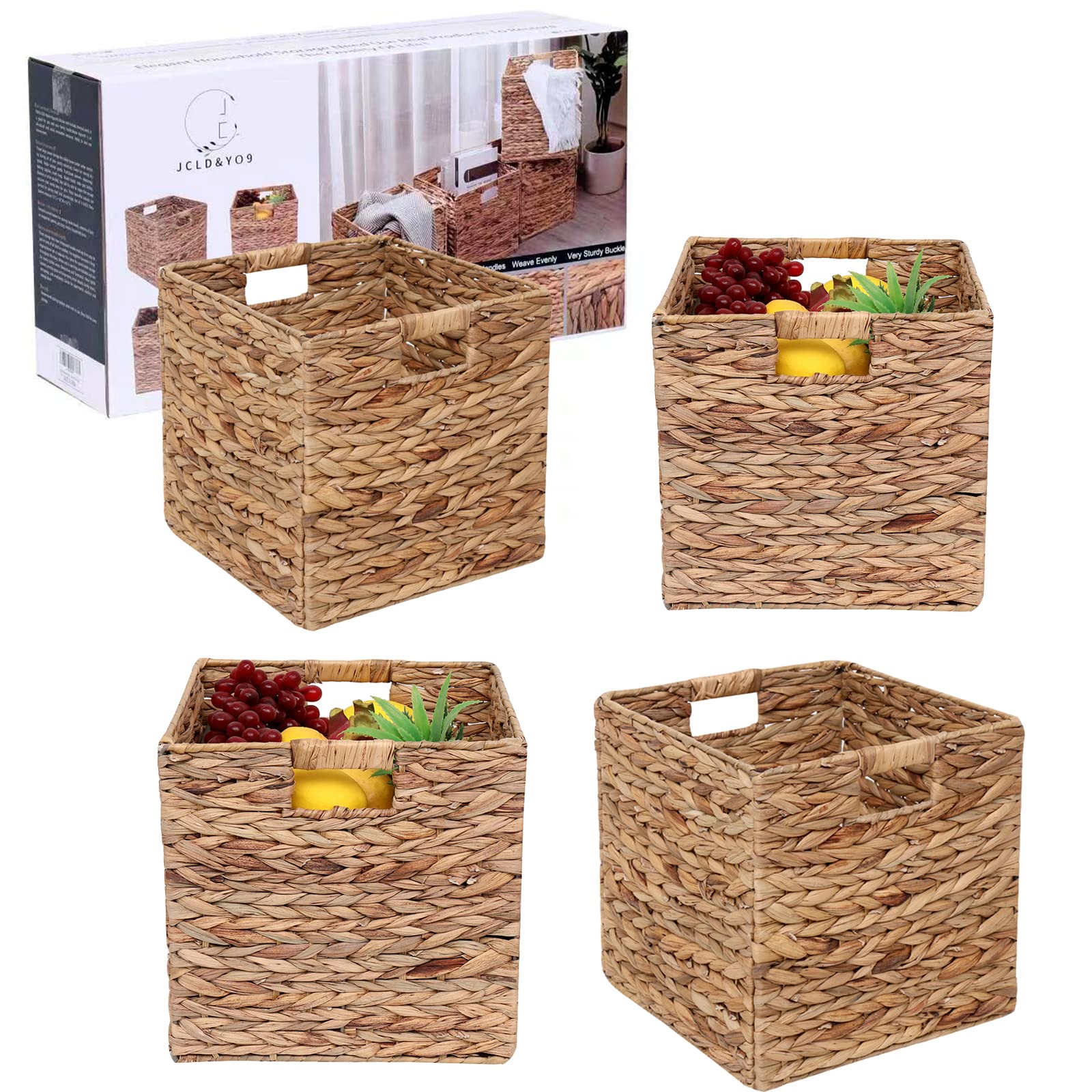 JCLD&YO9 Foldable Handwoven Water Hyacinth Storage Baskets Wicker Cube Baskets Rectangular Laundry Organizer Totes,Set of 4 Pcs,