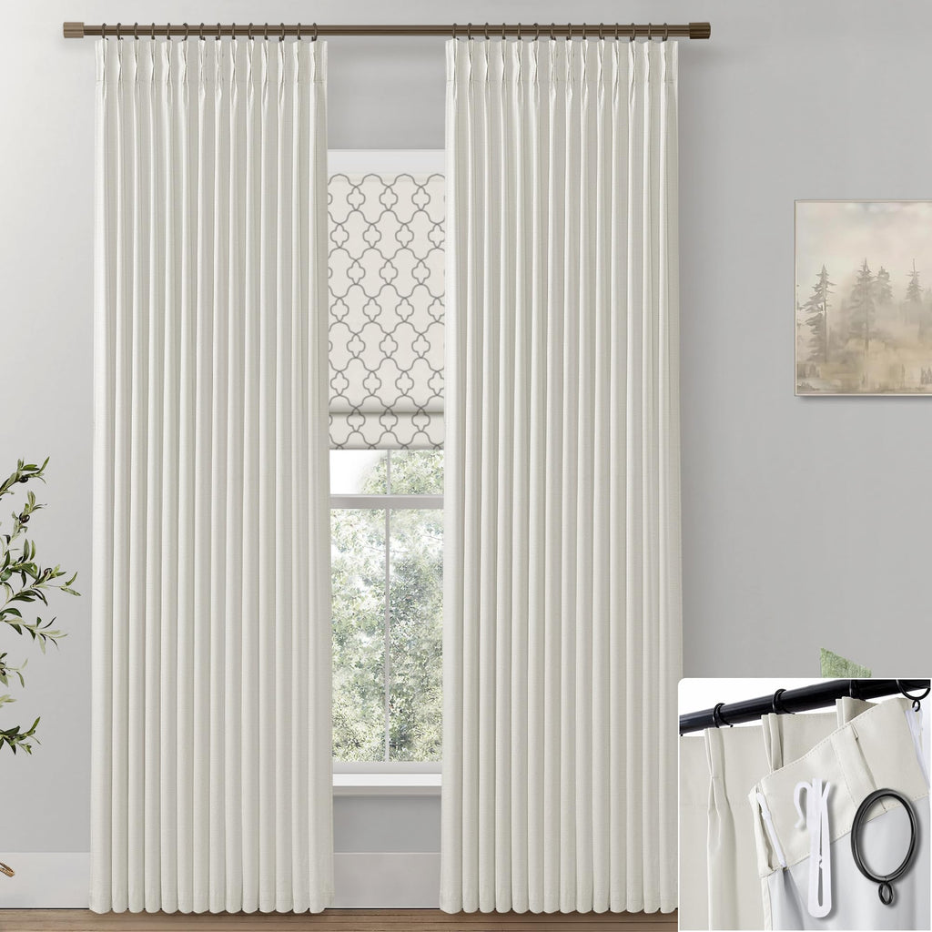 Shineland 108 Inch Curtains Long,Pinch Pleated Curtains Blackout Linen Black Out Extra Long Curtains For Living Room Drapes 108 Inches Long 2 Panels,Cream