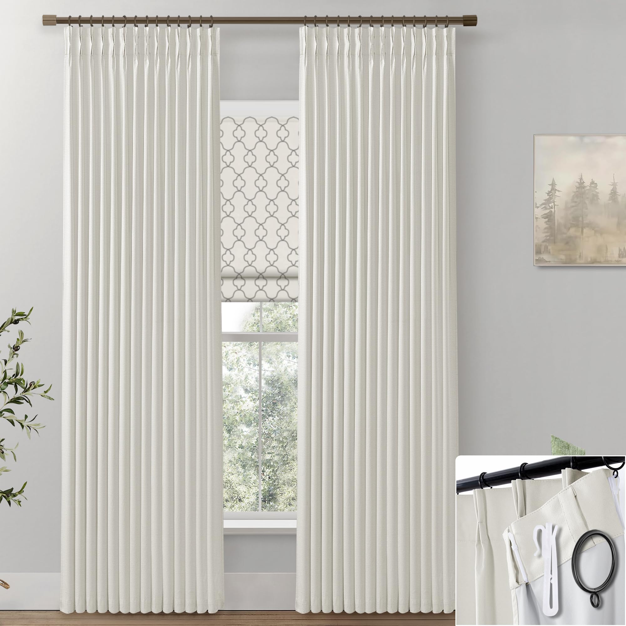 Shineland 108 Inch Curtains Long,Pinch Pleated Curtains Blackout Linen Black Out Extra Long Curtains For Living Room Drapes 108 Inches Long 2 Panels,Cream
