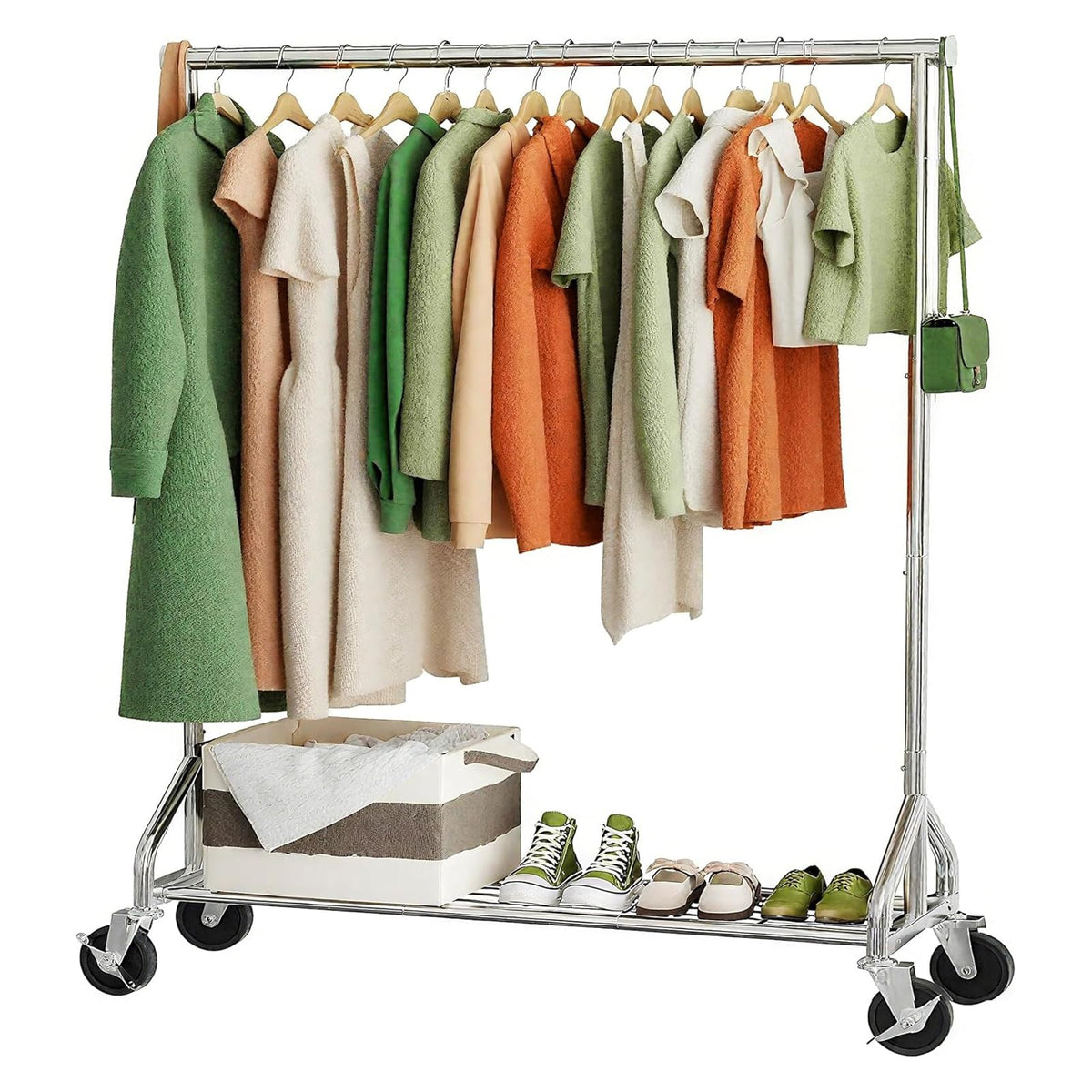Ekisemio Heavy Duty Rolling Clothes Rack with Wheels and Shelves, 450 lbs Capacity, Portable Garment Rack for Hanging Clothes, S
