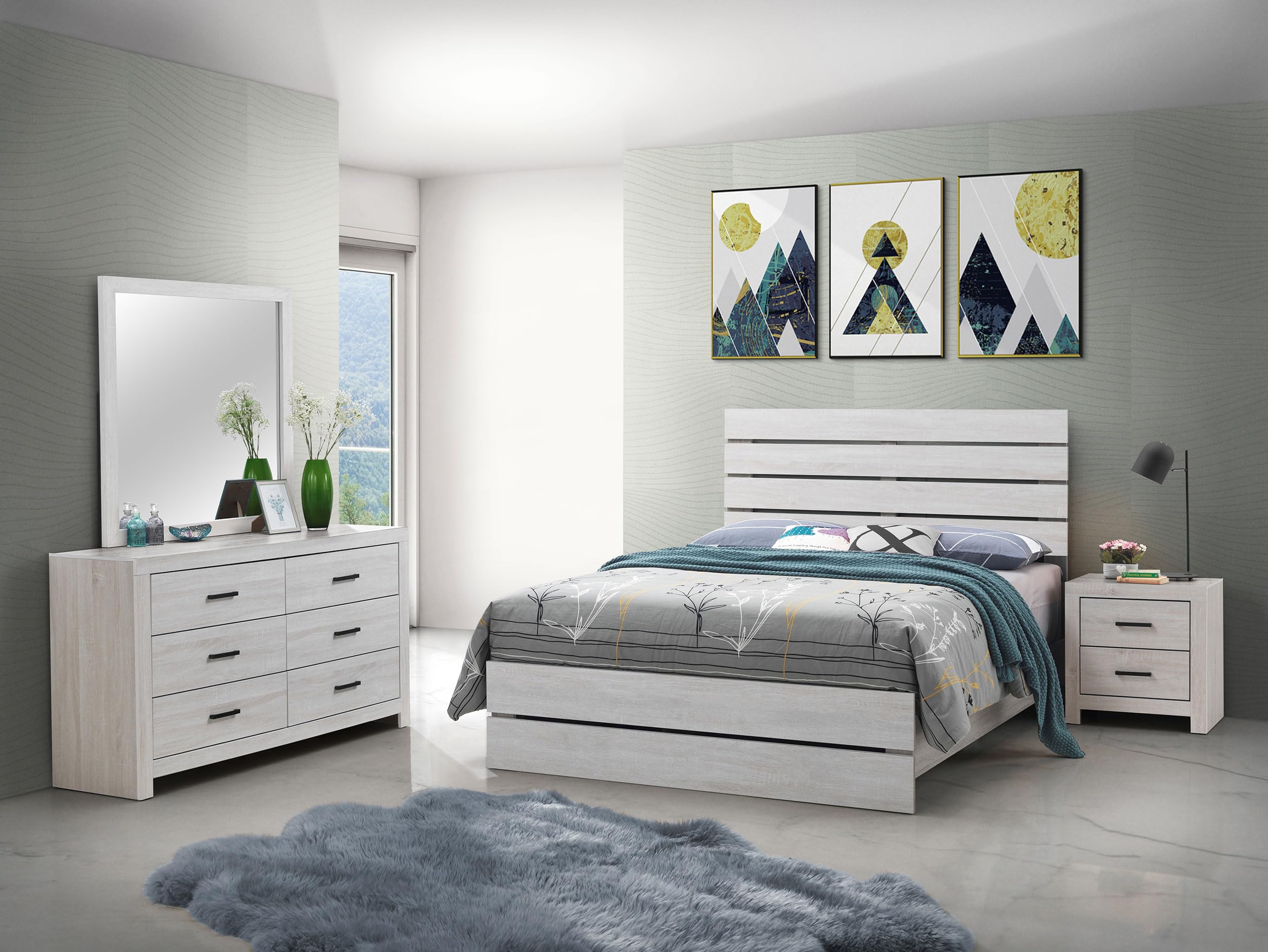 Coaster Home Furnishings Brantford Farmhouse 4-Piece Bedroom Set Eastern King Size Panel Bed Frame 52-inch Headboard Coastal White 207051KE-S4