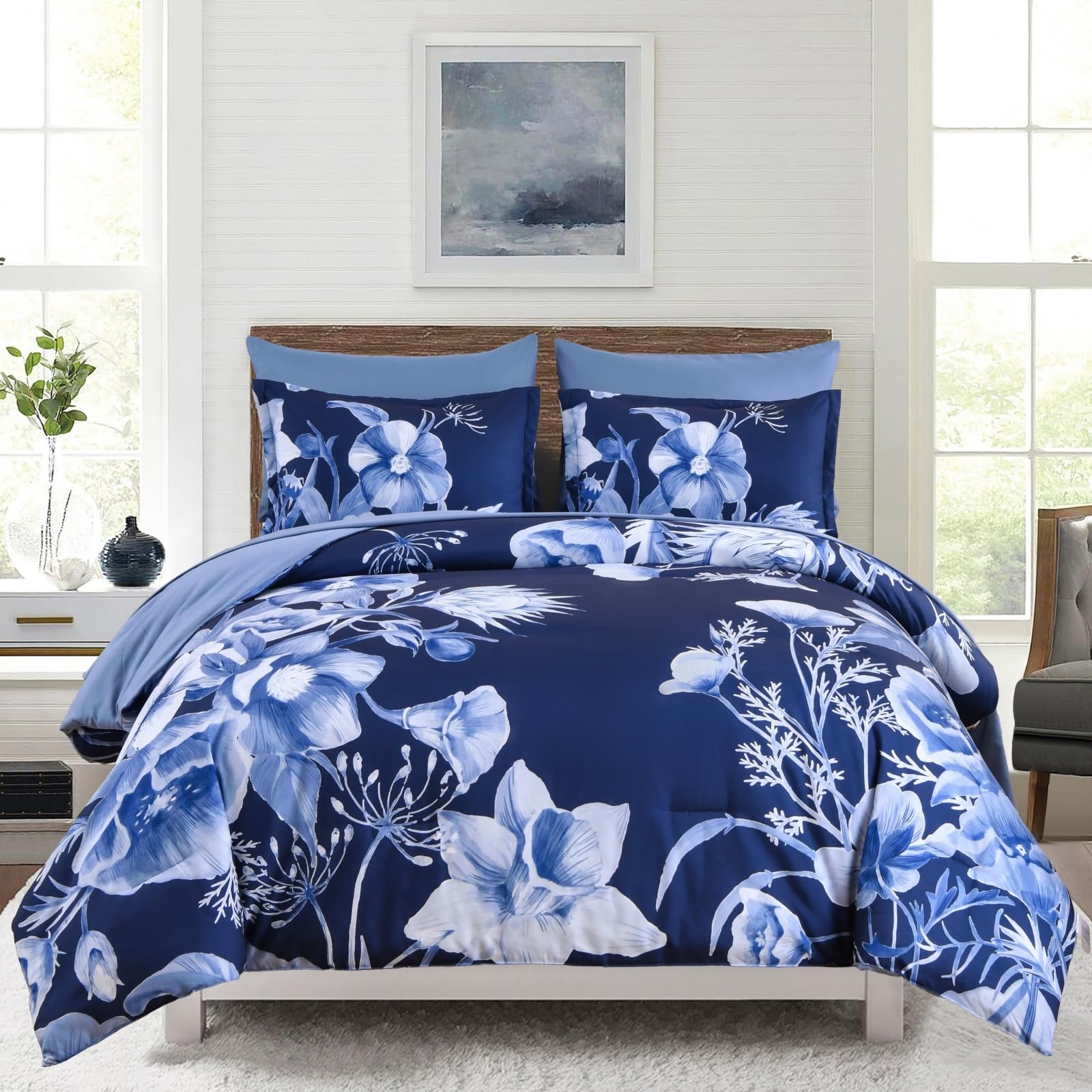 Luxudecor Floral Comforter Set King Size 7 Piece, Navy Blue Flower Bed In A Bag, Elegant Floral Comforter With Sheet Set, Soft M