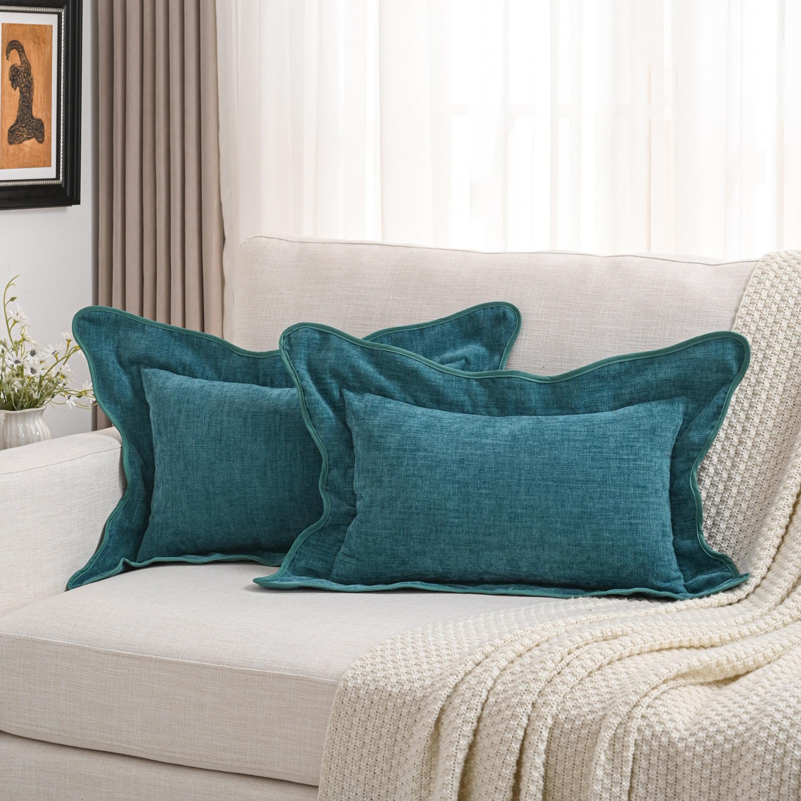 Futei Teal Chenille Throw Pillow Covers 12X20 Inch Set Of 2,Double Stitch Scalloped Bordered Soft Rectangular Lumbar Pillow Case