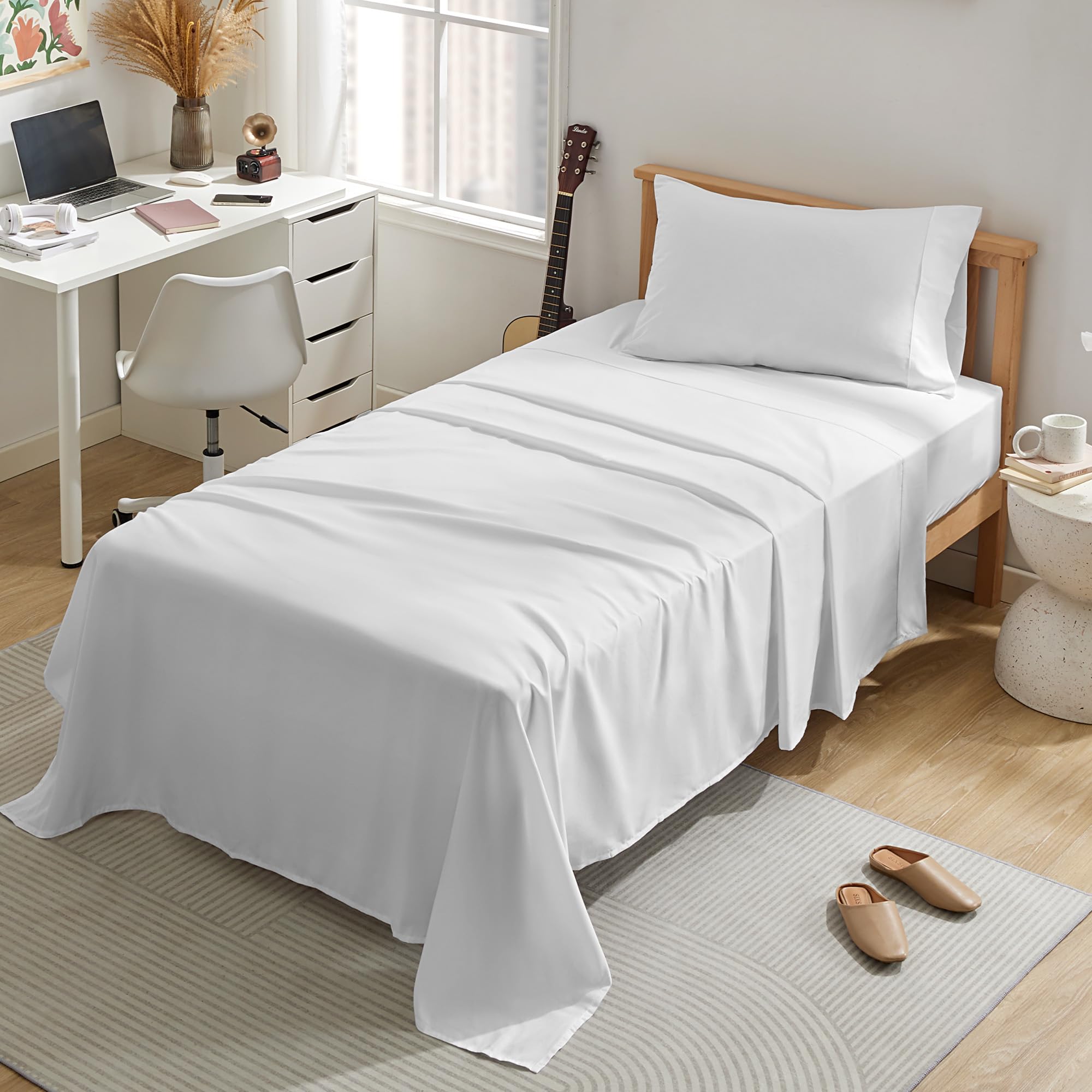 Sleep Zone Nanotex Super Soft Cooling Twin Bed Sheets Set For Kids 3 Piece - Easy Care Fitted Flat Sheet & Pillowcase Sets - Wrinkle Free, Fade Resistant, Deep Pocket 16' (White, Twin)