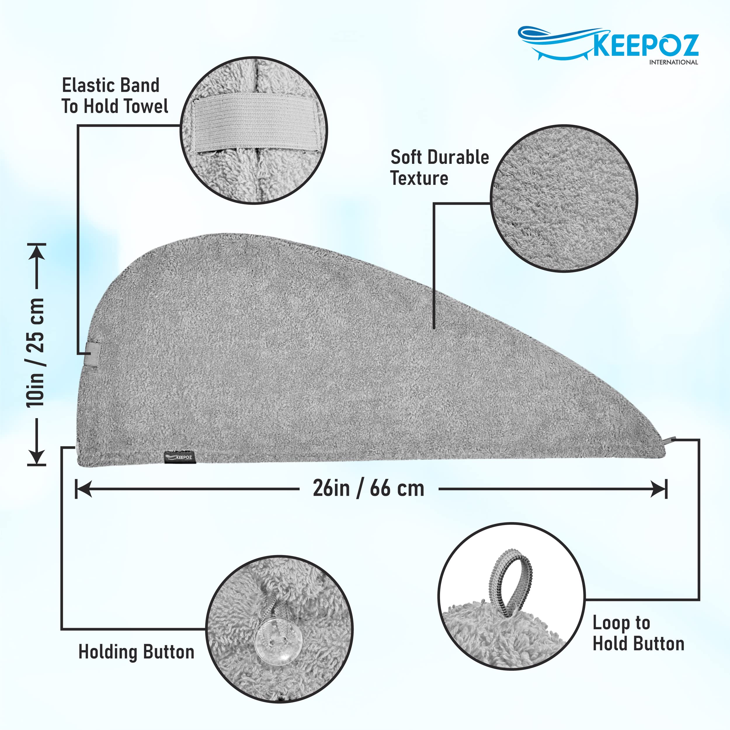 Keepoz Hair Towel Wrap Quick Dry 100% Cotton Super Absorbent Turban Head Wrap For Women With Button, Non Microfiber Anti Frizz H