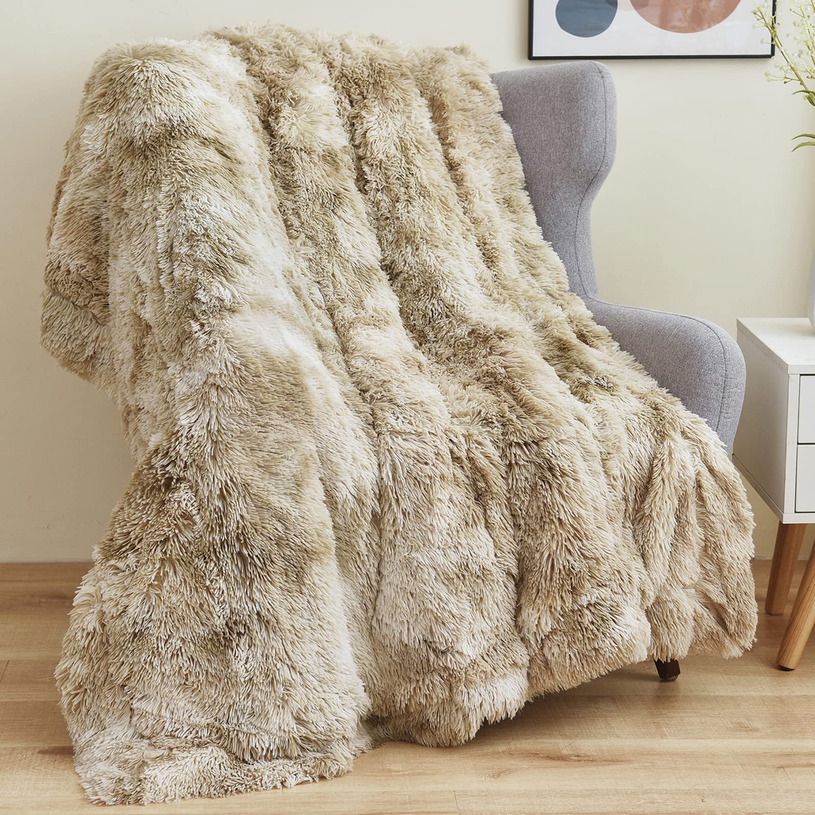 Gonaap Fuzzy Faux Fur Throw Blanket Tie-Dye Beige Super Soft Cozy Plush Fuzzy Shaggy Blanket For Couch Sofa Bed (Tie-Dye Beige,