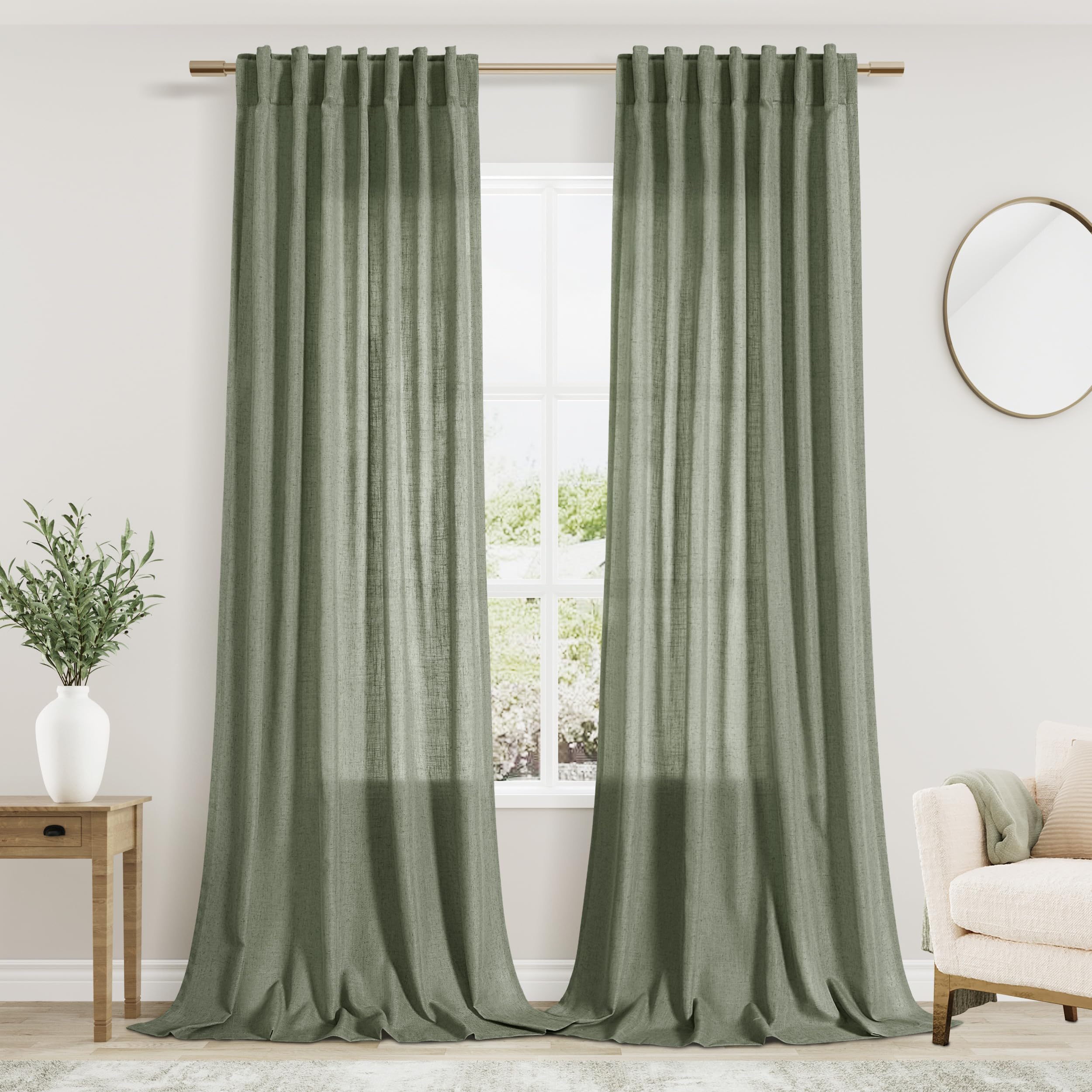 Nanspring Olive Green Linen Curtains for Living Room 2 Panels Set 132 Inch Length Back Tab Light Filtering Semi Sheer Curtain Dr