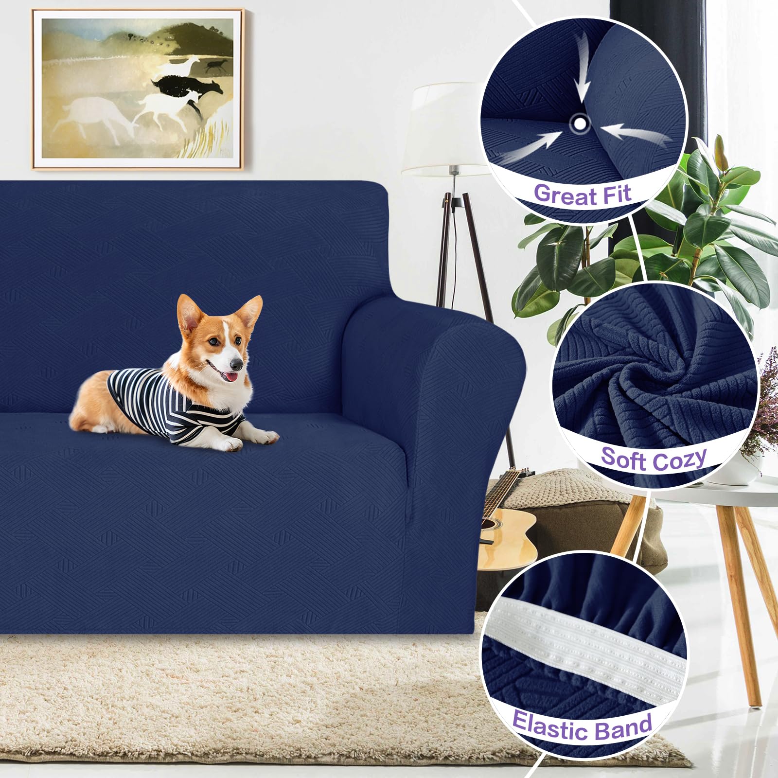 Znsayotx Super Stretch Couch Cover (71'-91'), New Striped Sofa Covers Fitted Slipcovers With Elastic Bottom, Dog Cat Pets Proof Spandex Fabric Comfortable & Durable (Navy Blue, Sofa)
