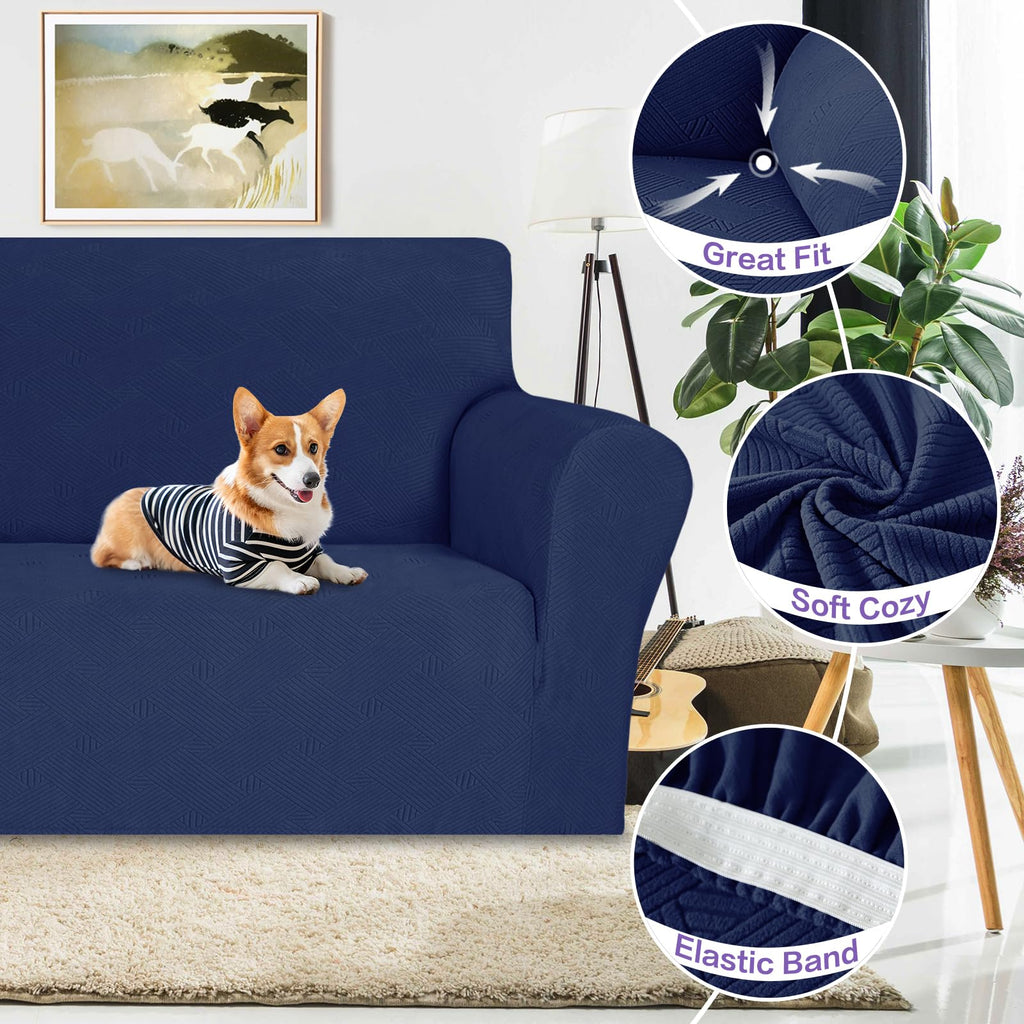 Znsayotx Super Stretch Couch Cover (71'-91'), New Striped Sofa Covers Fitted Slipcovers With Elastic Bottom, Dog Cat Pets Proof Spandex Fabric Comfortable & Durable (Navy Blue, Sofa)