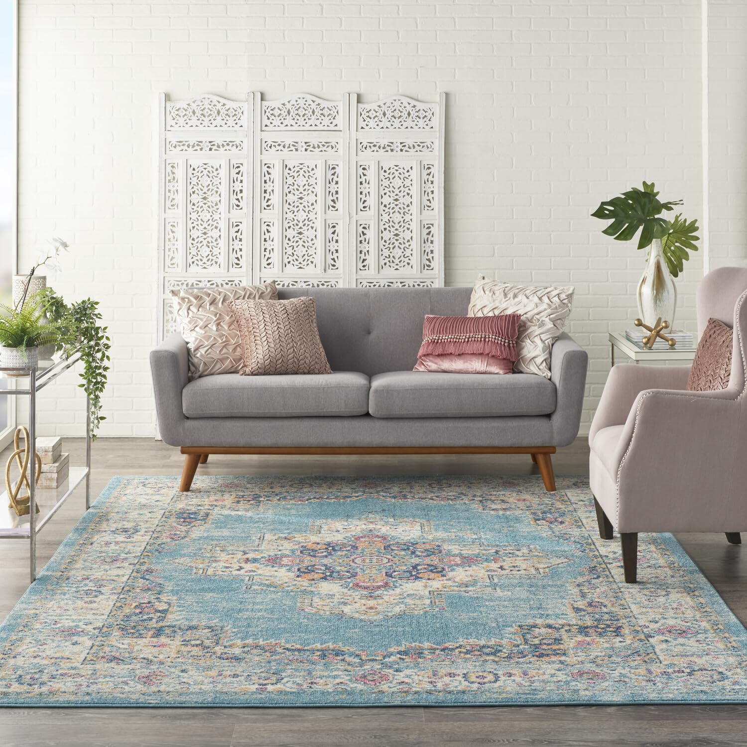 Nourison Passion Light Blue 6'7'' X 9'6'' Area-Rug, Boho, Traditional, Easy-Cleaning, Non Shedding, Bed Room, Living Room, Hallw