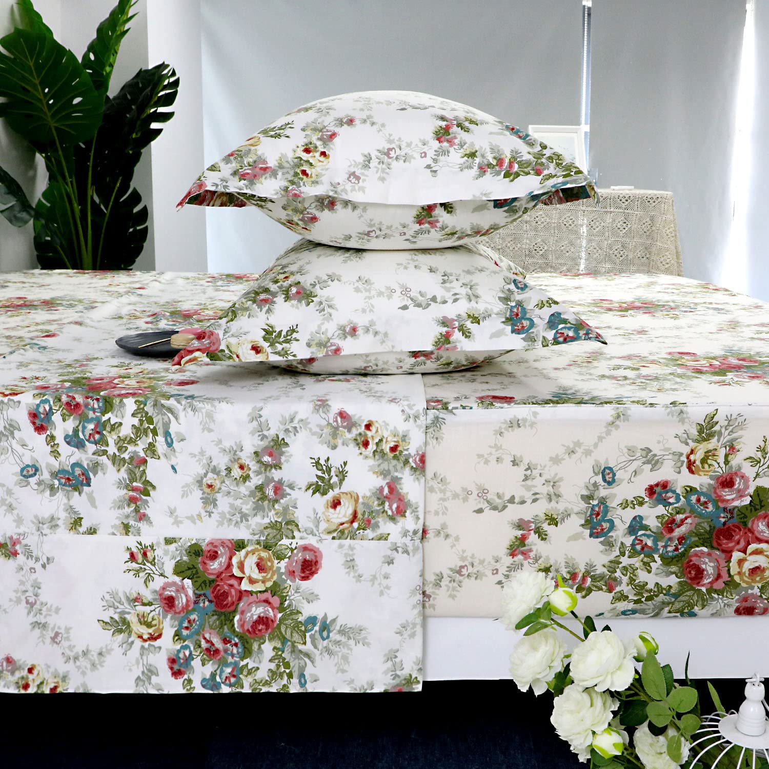 Fadfay Garden Floral Sheet Set Twin Vintage Rose 100% Cotton Hypoallergenic White And Grey Bed Sheets Ultra Soft Girls Princess