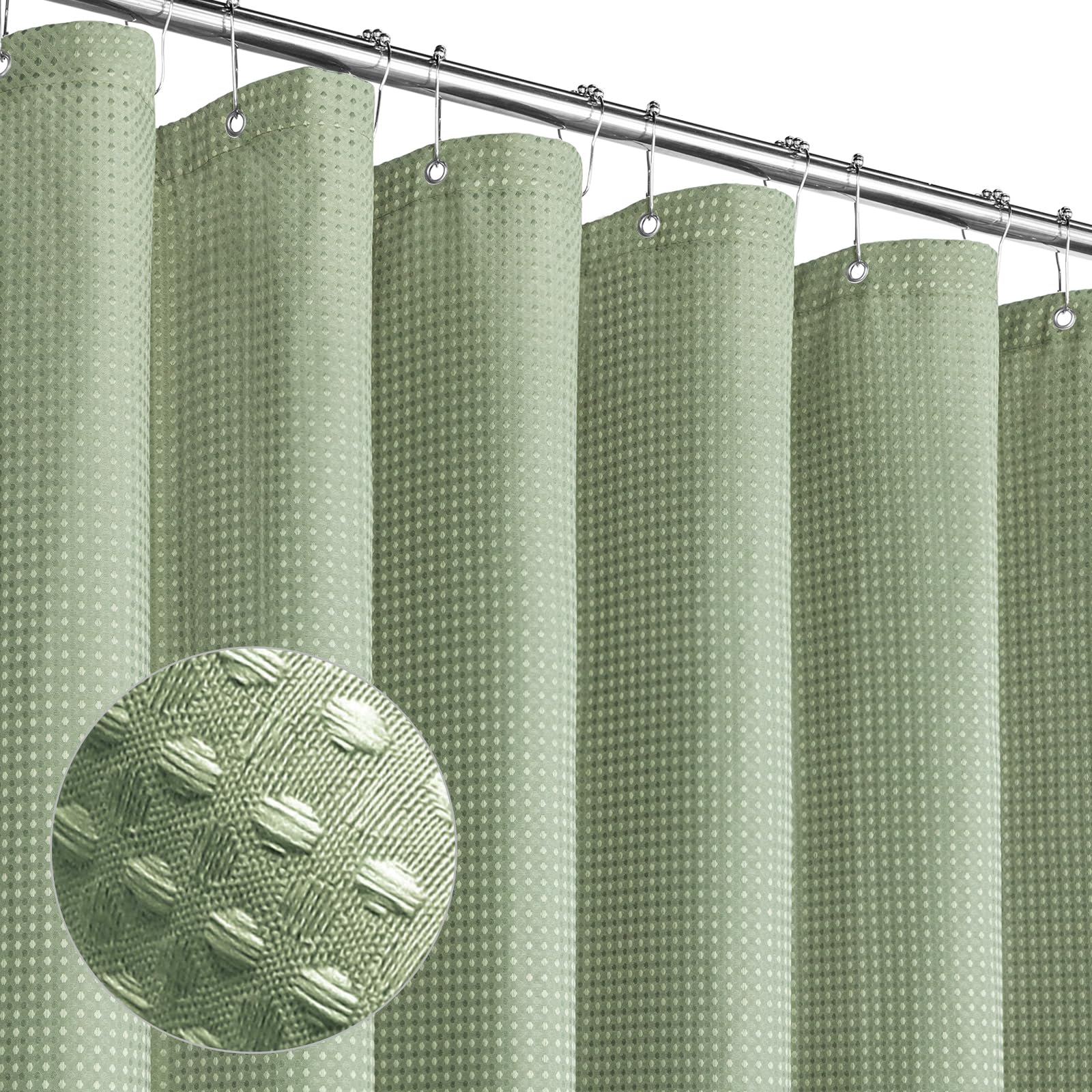 Mitovilla Sage Green Waffle Fabric Shower Curtain, Heavyweight Cloth Shower Curtains For Modern Hotel Bathroom Decor, Waterproof