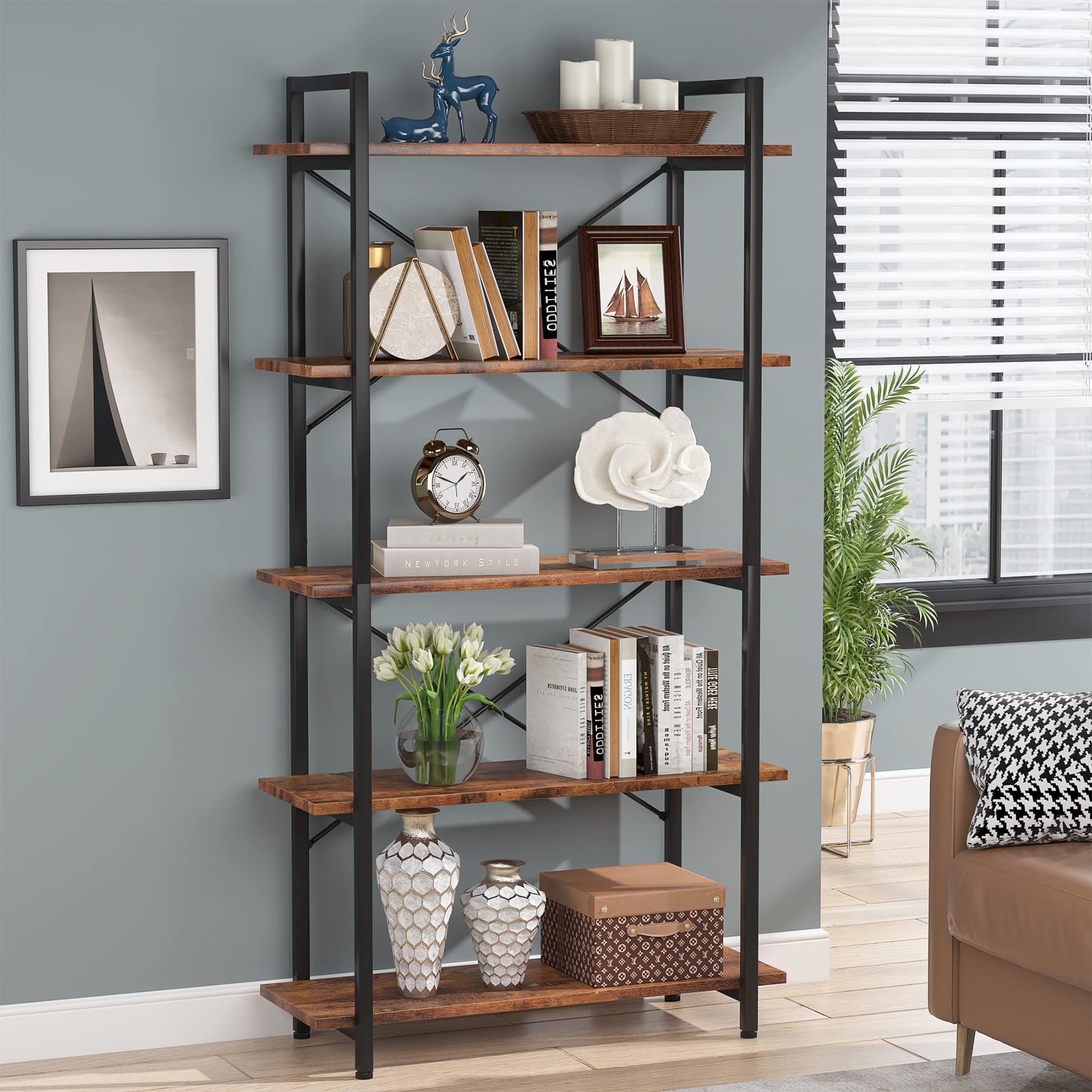 Tribesigns 5 Tier Bookshelf, Industrial Etagere Bookcase With Metal Frame, Rustic Tall Book Shelf Unit For Living Room, Study, Home Office (1, Rustic)