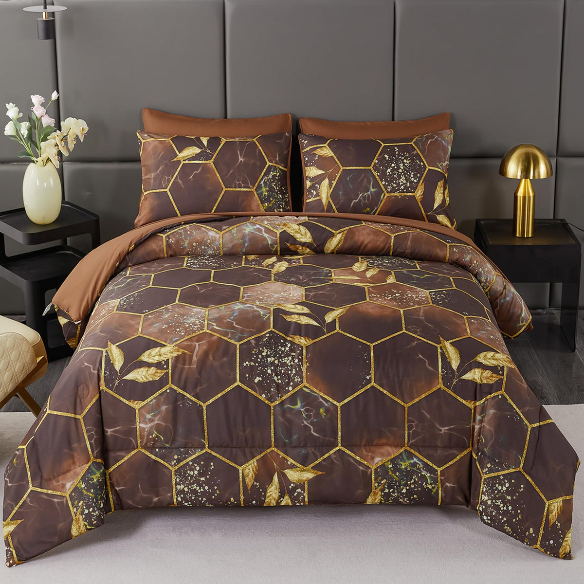 Angiyuin Brown Gold Comforter Sets King Size, Geometric Hexagon Bedding Sets, 7 Pieces Marble Brown Comforter Honeycomb Bed In A