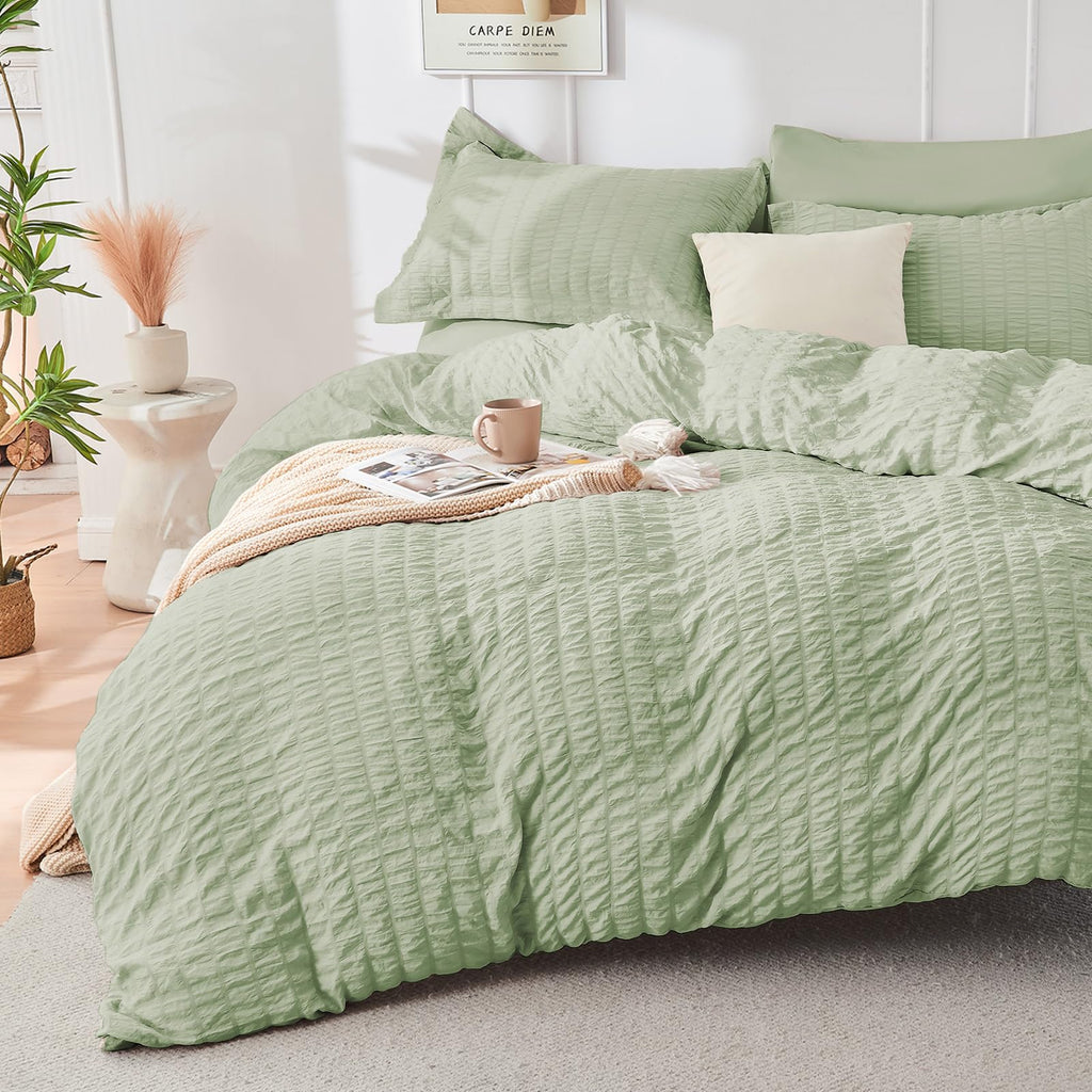 Hymokege Light Green Queen Comforter Set Seersucker 7 Pieces, All Season Luxury Bed In A Bag For Bedroom, Bedding Set With Comfo
