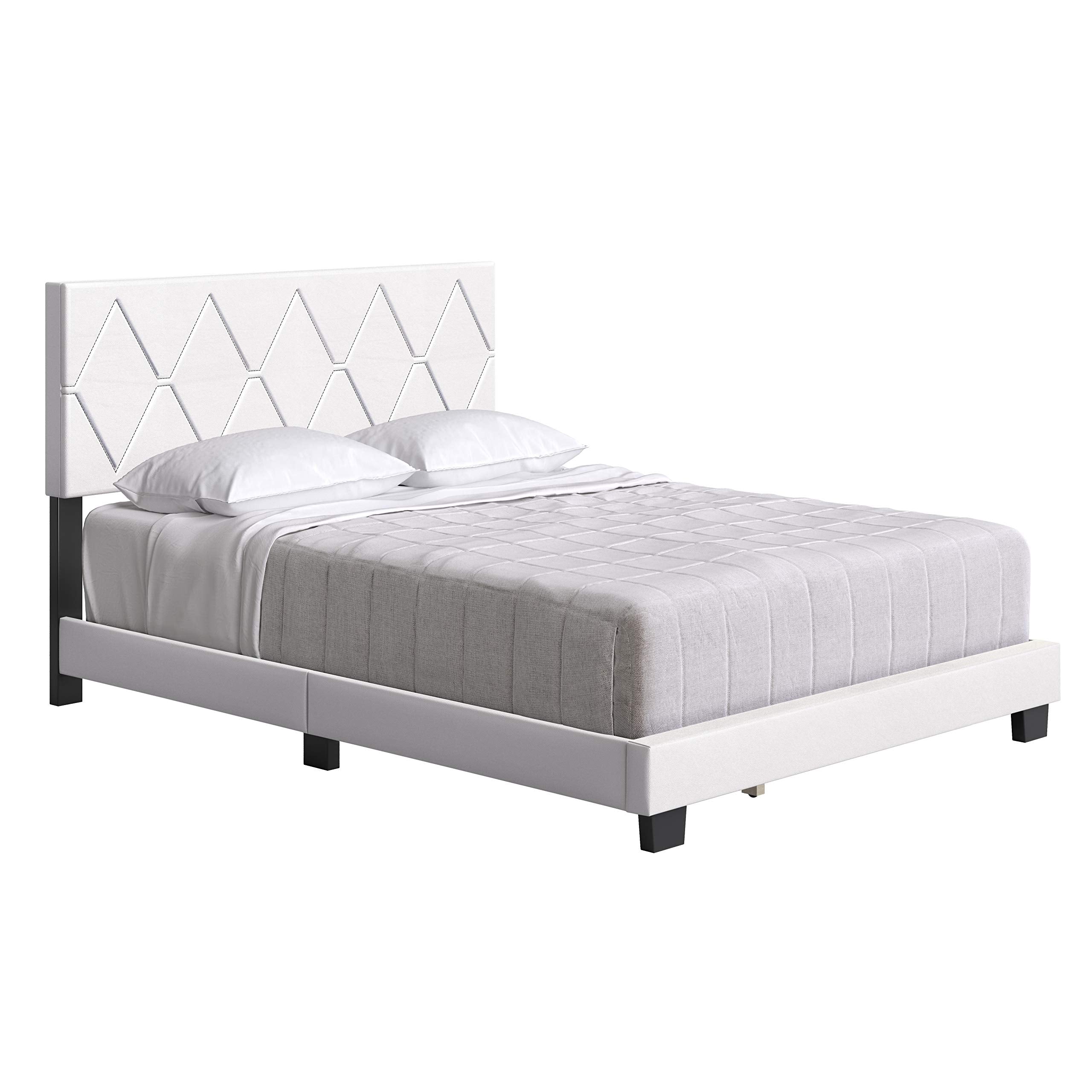 Boyd Sleep Charlat Upholstered Platform Bed with Headboard and Durable Mattress Foundation with Strong 4 Wood Slat Supports, Box Spring Required: Queen, White