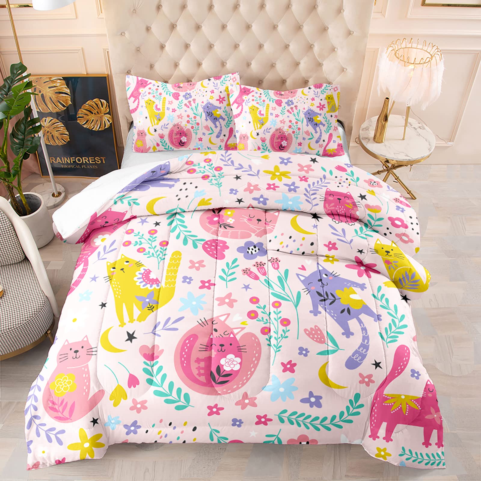 Qoomo Floral Cat Comforter Queen Size,Pink Cat Comforter Set For Kids Teens Girls,3Pcs Bedding Set Printed Comforter With 2 Pill
