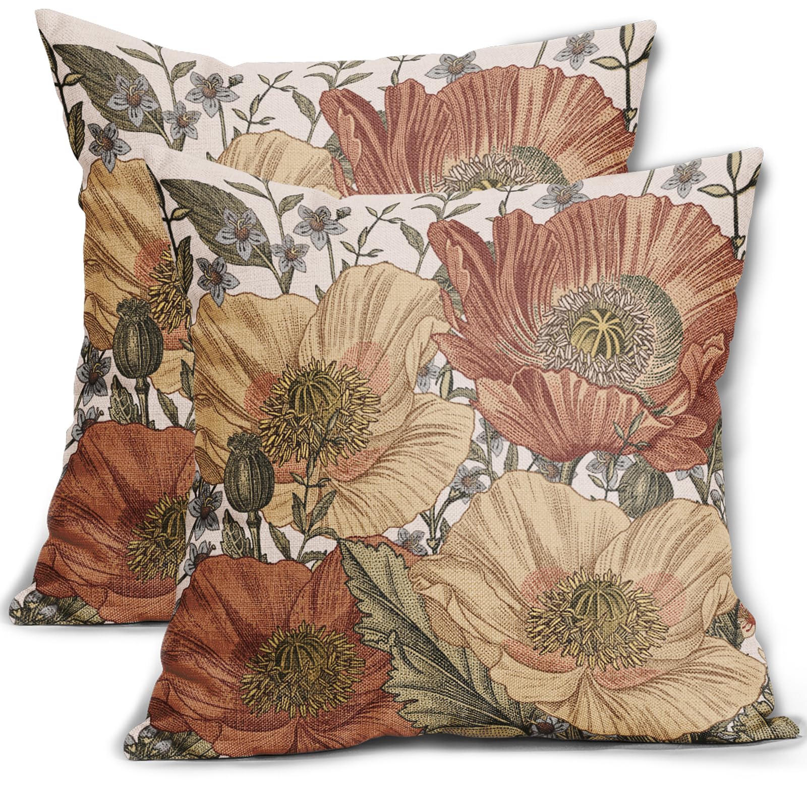 Sweetshow Brown Rust Red Vintage Floral Pillow Covers 16X16 Rustic Flowers Botanical Print Decorative Throw Pillows Outdoor Coun