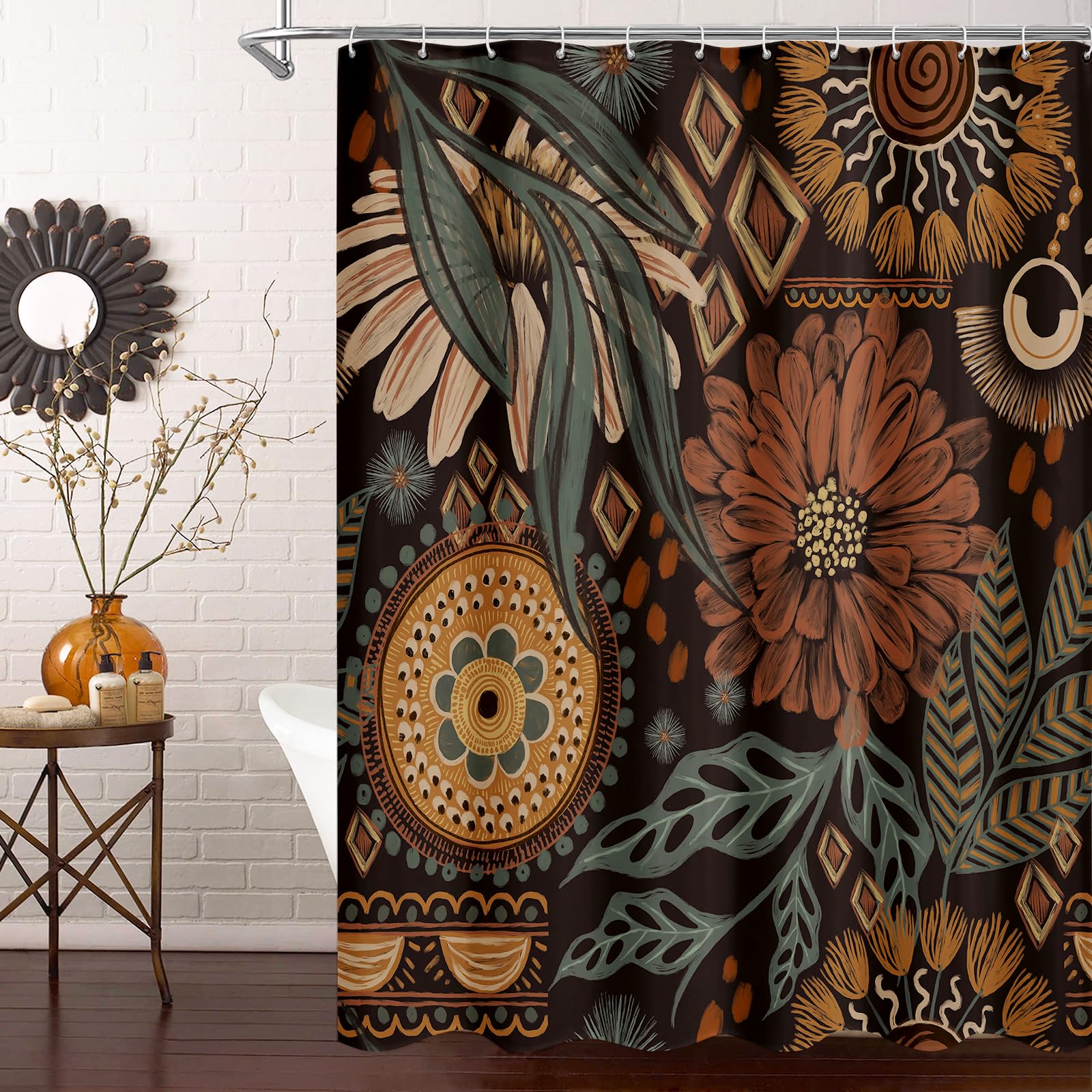 Mitovilla Boho Floral Shower Curtain, Modern Flower Shower Curtains For Rustic Vintage Bathroom Decor, Chic Elegant Fabric Cloth